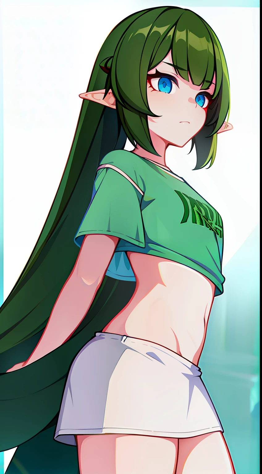 young girl, long dark green hair, elf ears, blue eyes, Robe, tshirt, Shorts, Sad, Scars, ripped clothes, Masterpiece, hiquality