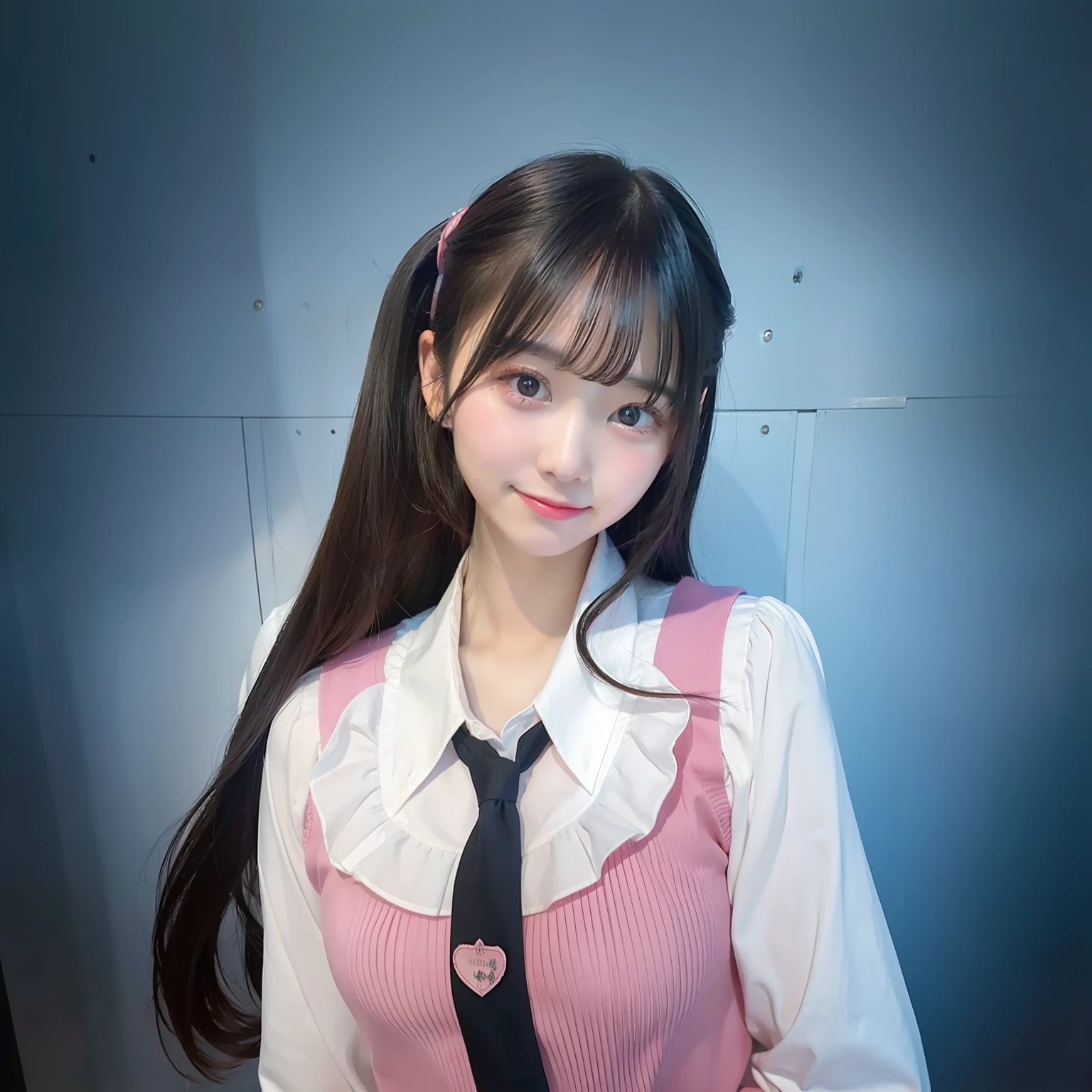 1girl, very beautiful face, black hair, pink school uniform, 70mm lens