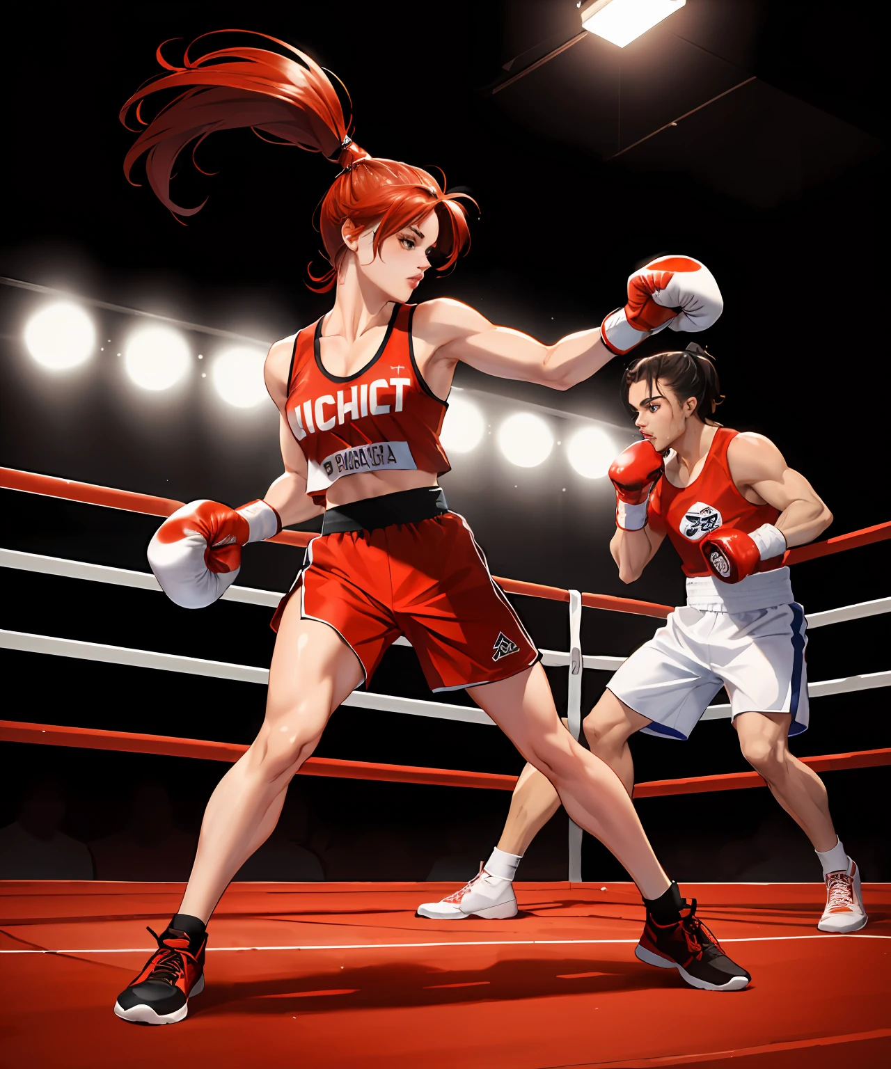 masterpiece, high quality, sharp focus, a boxer girl, wearing boxing attire, red hair in a ponytail, perfect face, perfect jawline, in a boxing ring, textured skin, beautiful lips, bright black eyes, dim ring lighting, dynamic pose, full-body shot, cinematic lighting, damp and humid atmosphere, 8k, uhd, absurdres