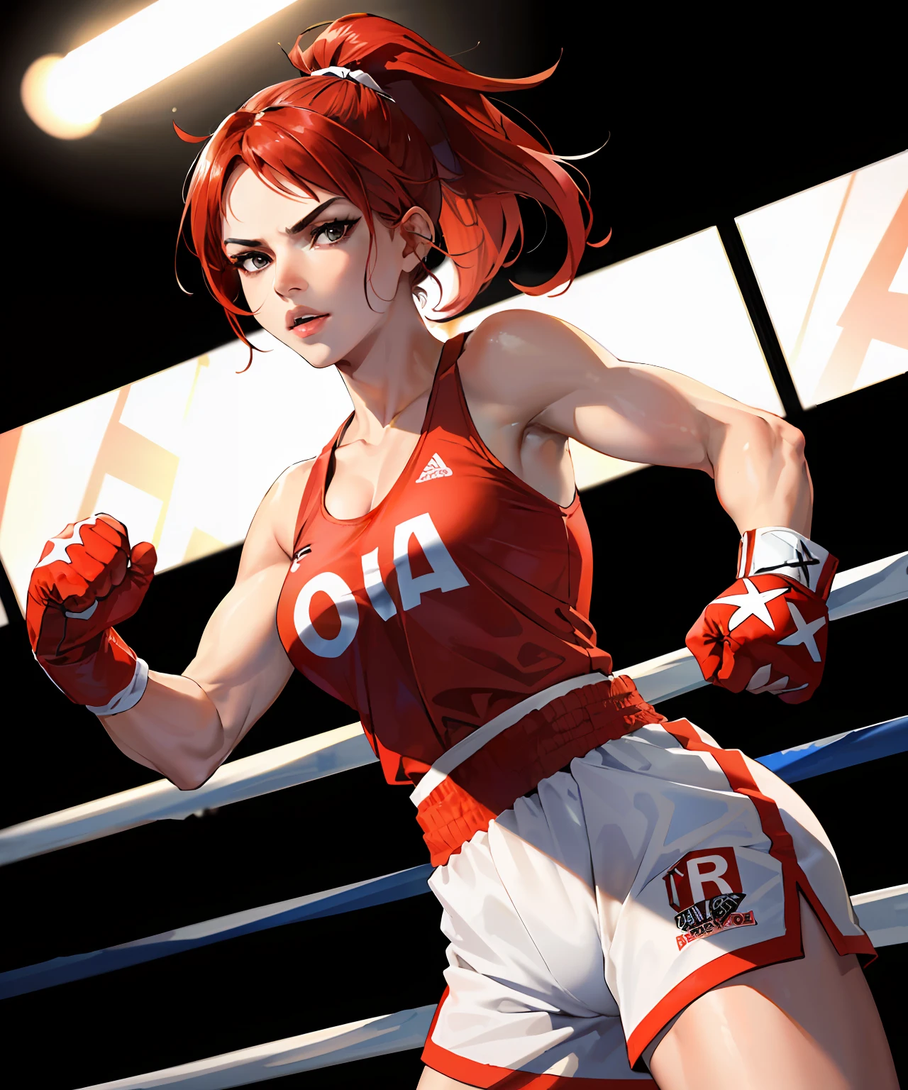 masterpiece, high quality, sharp focus, a boxer girl, wearing boxing attire, red hair in a ponytail, perfect face, perfect jawline, in a boxing ring, textured skin, beautiful lips, bright black eyes, dim ring lighting, dynamic pose, full-body shot, cinematic lighting, damp and humid atmosphere, 8k, uhd, absurdres