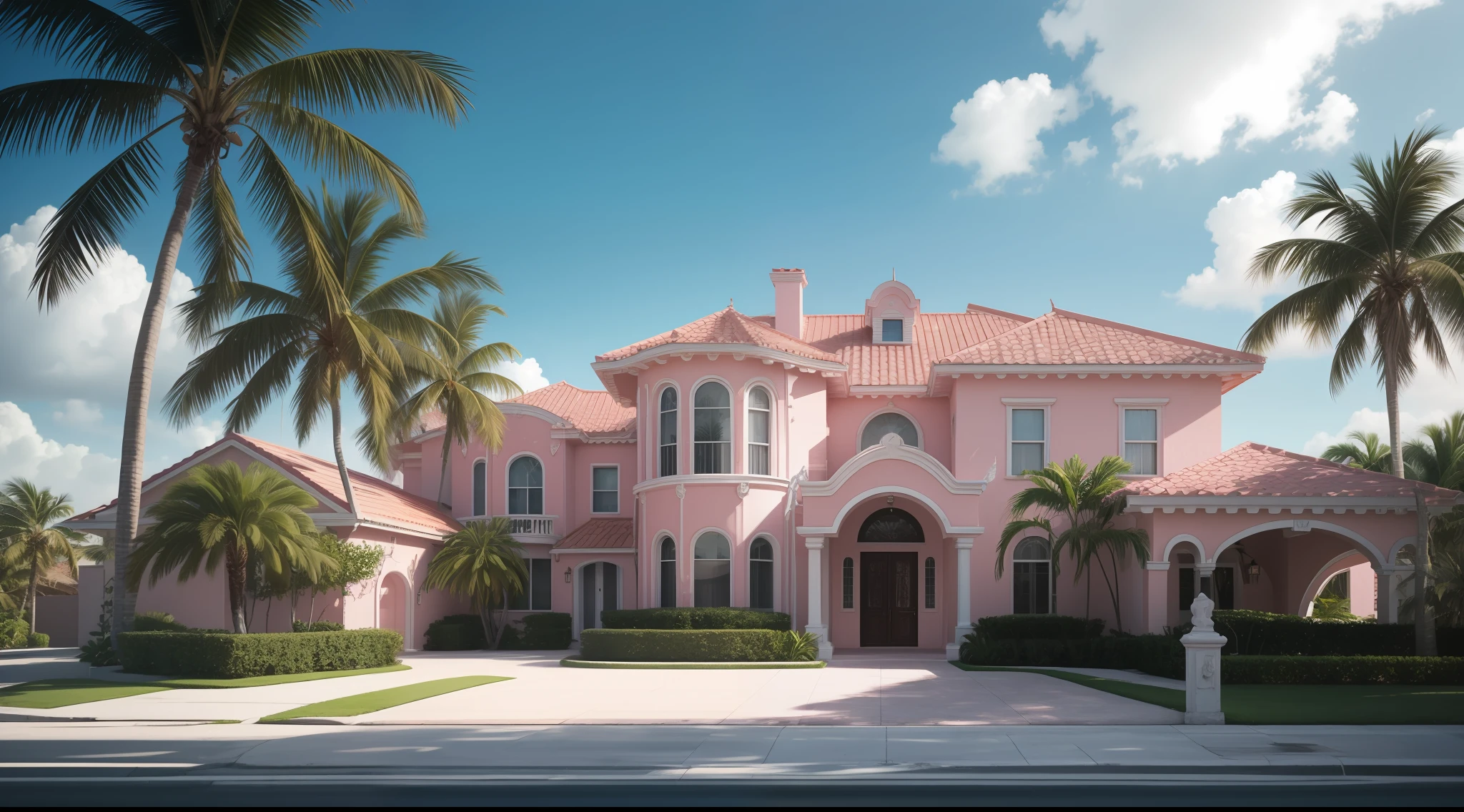 pink mansion in the background, palm trees in the background, ultra realistic photo, very high resolution, high definition, film portrait photography, miami beach, realistic, beautyfull mansion, realistic, 8k,