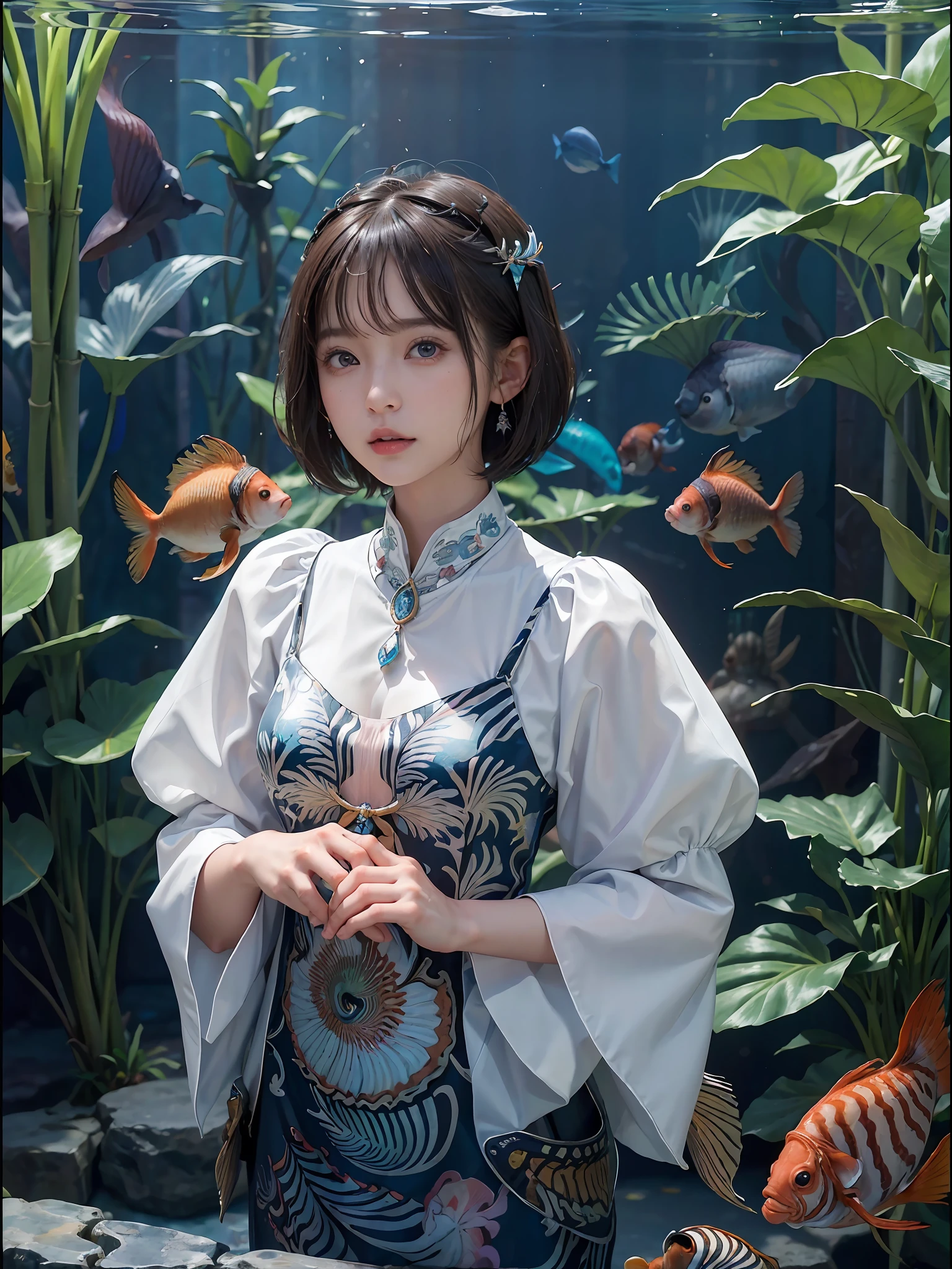 (((30-year-old woman with)))、((aquariums))、​masterpiece, 1 beautiful girls, (((very_Short_hair))), Eye details, Swollen eyes, Top image quality, 超A high resolution, (Realistis: 1.4), OriginalPhotographs, 1girl in, Cinematographic lighting, japanes, very beautif, Beautiful skins, (A hyper-realistic), (hight resolution), (8 K), (ighly detailed), (The best illustrations), (beautifully detailed eyes), (ultra-detailliert), A detailed face, look at a camera, Facing straight ahead, Neat Clothing, shorth hair、A dark-haired、46-point diagonal bangs、((aquariums))、Lots of fish、(((tropical fish)))
