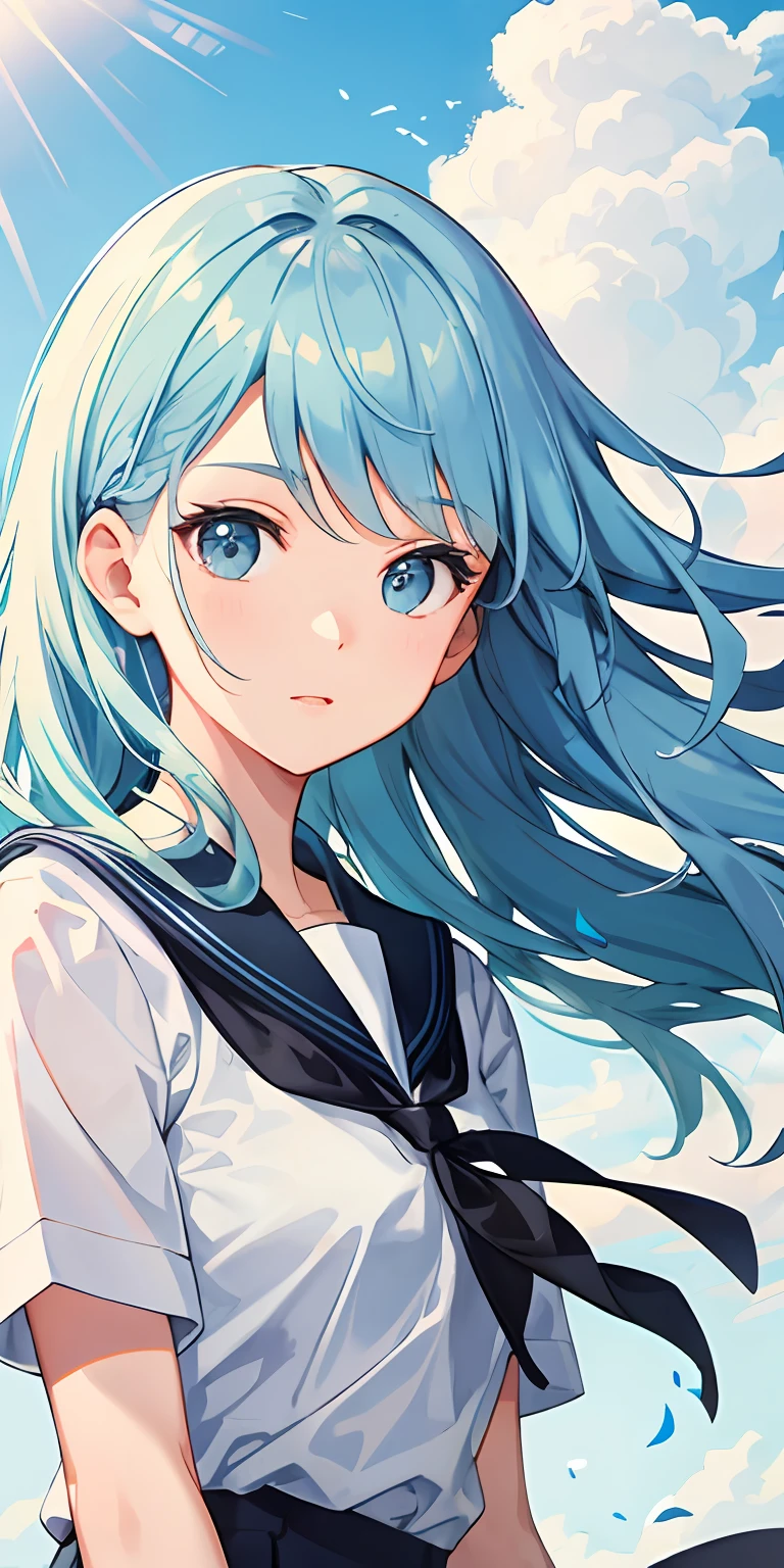 (top-quality), Hair intake, Light blue hair, Hair fluttering in the wind, Beautiful face, School_uniform, Outdoors, Sunlight,