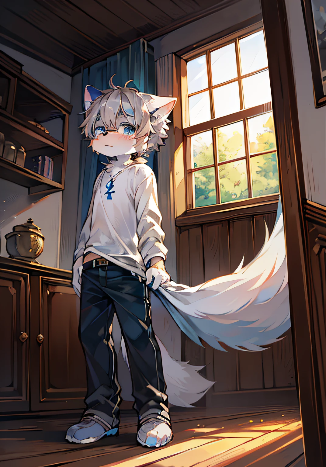 (ambiente dark:0.8),masterpiece,high quality,abstract res,digital painting\(artwork\), by dagasi, yupa,kiyosan,(anthro,fluffy fur,character focus:1.1),anthro male cat,short hair,portrait , eyes with brightness, in a panoramic view, Character focus.(detailedbackground:0.7), 独奏, shaggy, shaggy male, malefocus, anthr,(Full Body Furry, Fluffy tail, White fur, blue color eyes, Gray hair:1.2), (long canines、Teenage uncensored、Long shirt and trousers、eye glass），（interiors、uni，rivulets，the trees）