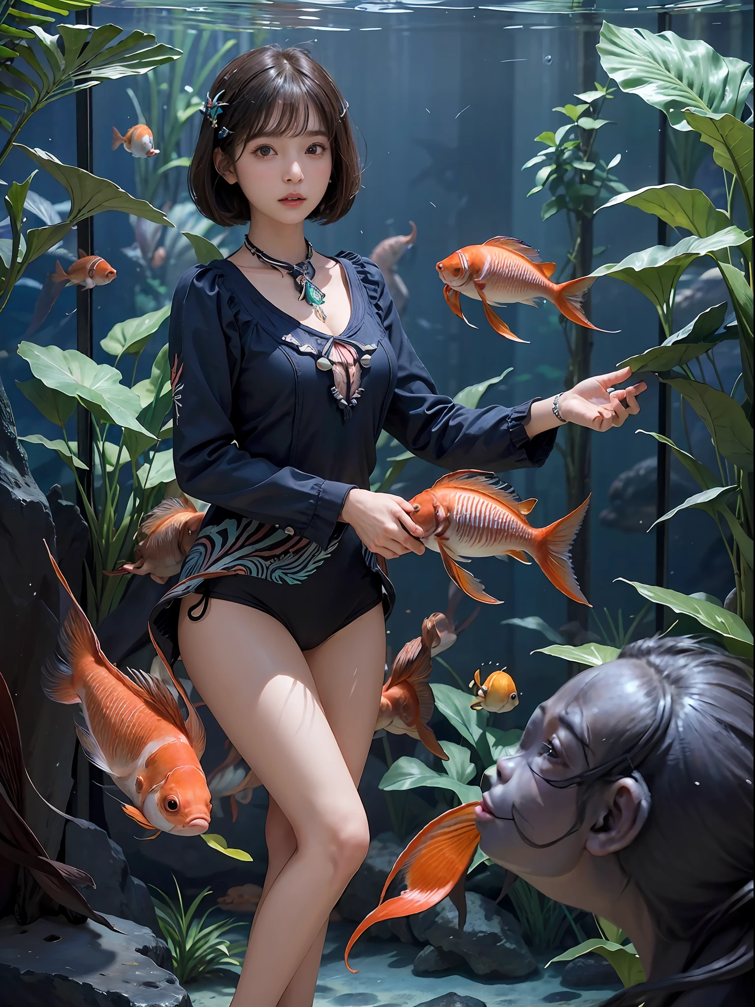 (((30-year-old woman with)))、((aquariums))、masterpiece, 1 beautiful girls, (((very_Short_hair))), Eye details, Swollen eyes, Top image quality, 超A high resolution, (Realistis: 1.4), OriginalPhotographs, 1girl in, Cinematographic lighting, japanes, very beautif, Beautiful skins, (A hyper-realistic), (hight resolution), (8 K), (ighly detailed), (The best illustrations), (beautifully detailed eyes), (ultra-detailliert), A detailed face, look at a camera, Facing straight ahead, Neat Clothing, shorth hair、A dark-haired、46-point diagonal bangs、((aquariums))、Lots of fish、(((tropical fish)))