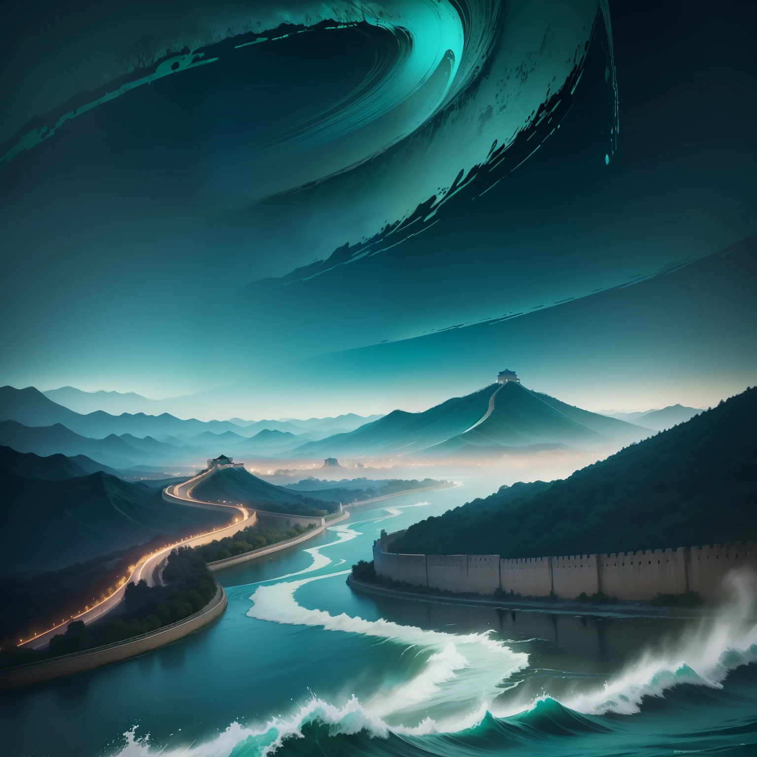 Alafid image of green waves in the dark, flowing teal-colored silk, abstract texture, Textured turquoise background, liquid simulation background, Magnificent mountains and rivers,ln the forest,historical context, flame of war,Crippled city,A sense of age,National style,Chinese historical buildings,the great wall,ultra-wide-angle