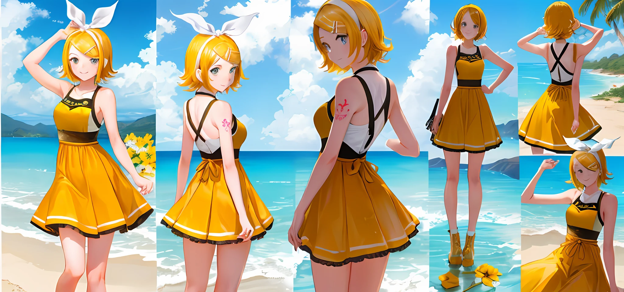obra maestra, La mejor calidad, absurdos, Perfect anatomy, 1girl, tierraamente, Kagamine Rin, pelo corto, cinta para el cabello, Arm tattoo number 02, from the rear, verano, vestido de tierra amarillo, sode, tag, tierra, They are smiling, Looking back