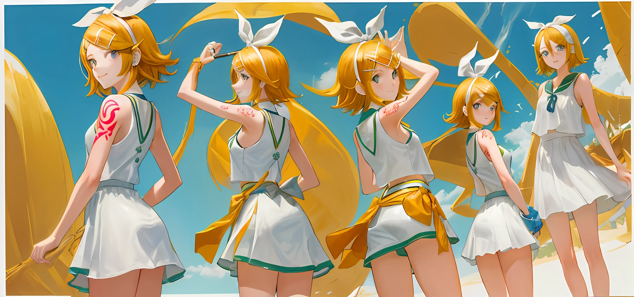 obra maestra, La mejor calidad, absurdos, Perfect anatomy, 1girl, tierraamente, Kagamine Rin, pelo corto, cinta para el cabello, Arm tattoo number 02, from the rear, verano, vestido de tierra amarillo, sode, tag, tierra, They are smiling, Looking back