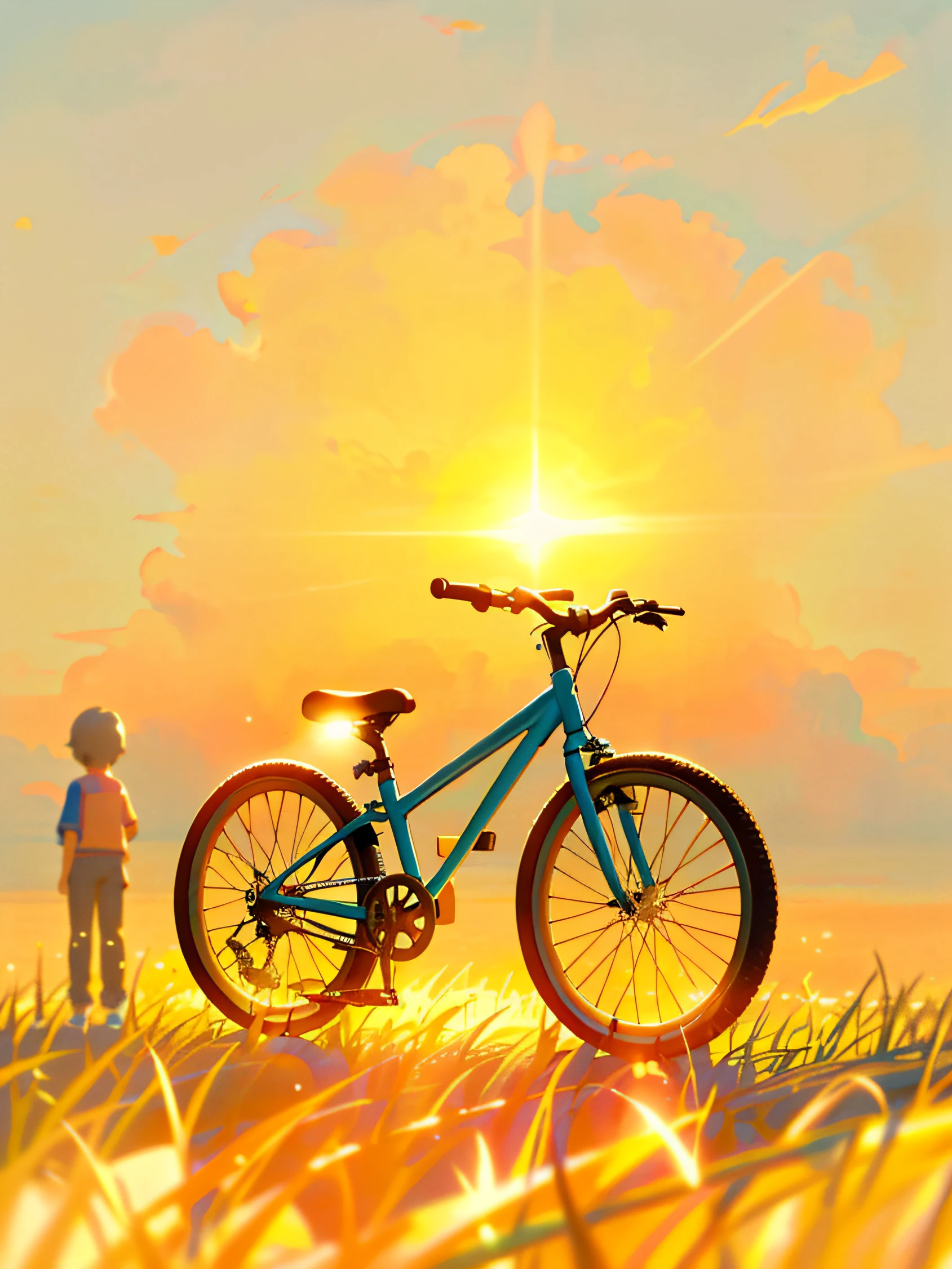 There was a small child standing next to the bike, Inspired by Elsa Besco's photos, pexels, Realism, bikes, Cute back of children,, nostalgic vibes, Cycling!on a bright day, retro aesthetic, morning golden hour, early evening, sunny day time, In sunny weather, at summer afternoon