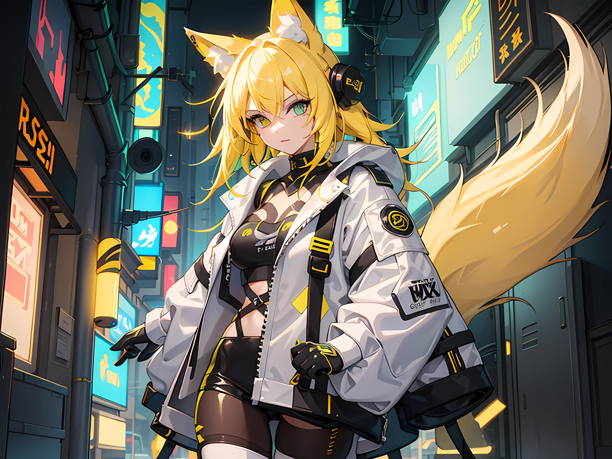 A woman with bright neon yellow hair, have artificial fox ears, wearing futuristic white clothing with neon accent. She have big fluffy fox tails. walking through a cyberpunk city street