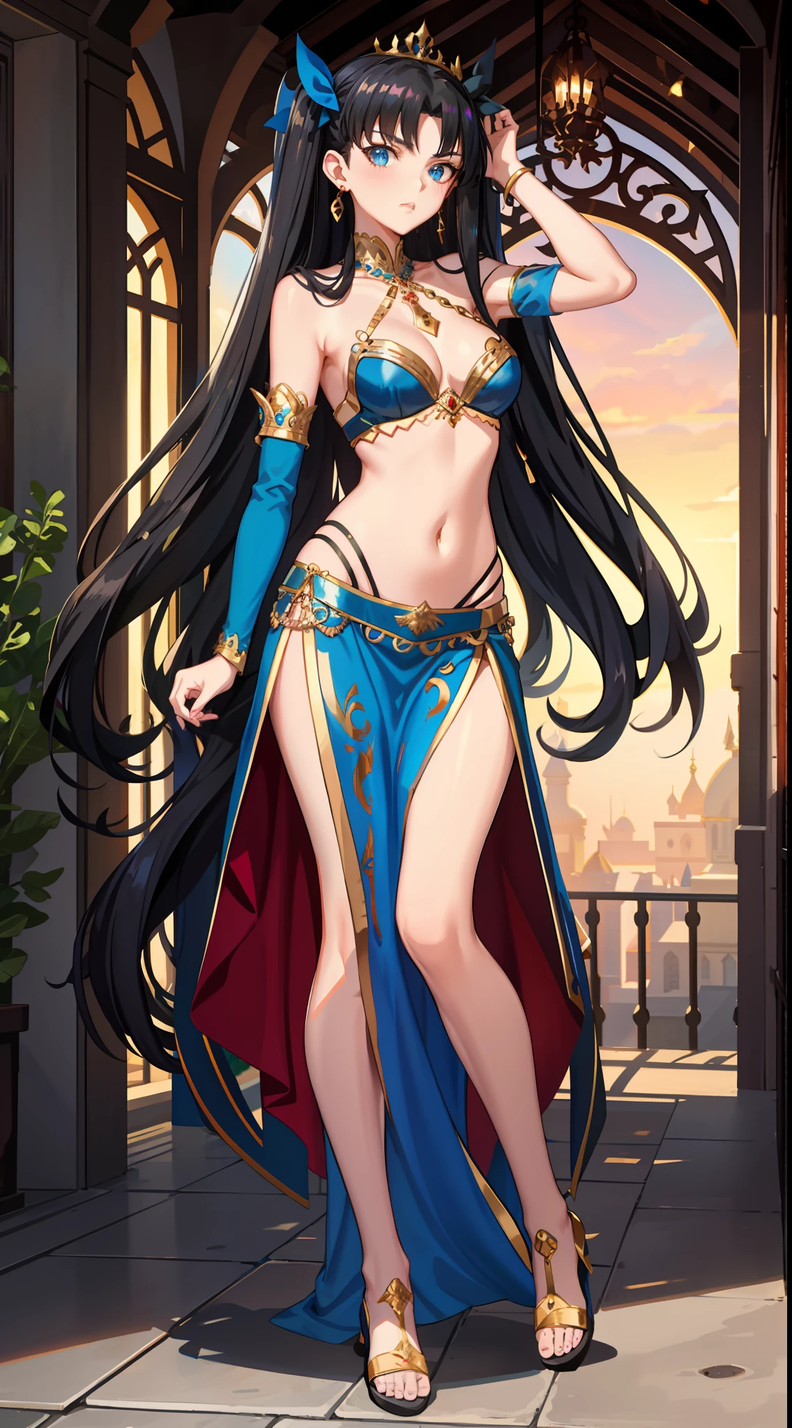long hair, black hair, medium breast, slim legs, happy, blue gown, cleavage, arabian belly dancer , short skirt, rin tohsaka, twin tail, navel, garden, blue eyes, tiara, standing, thigh high socks, sunlight,