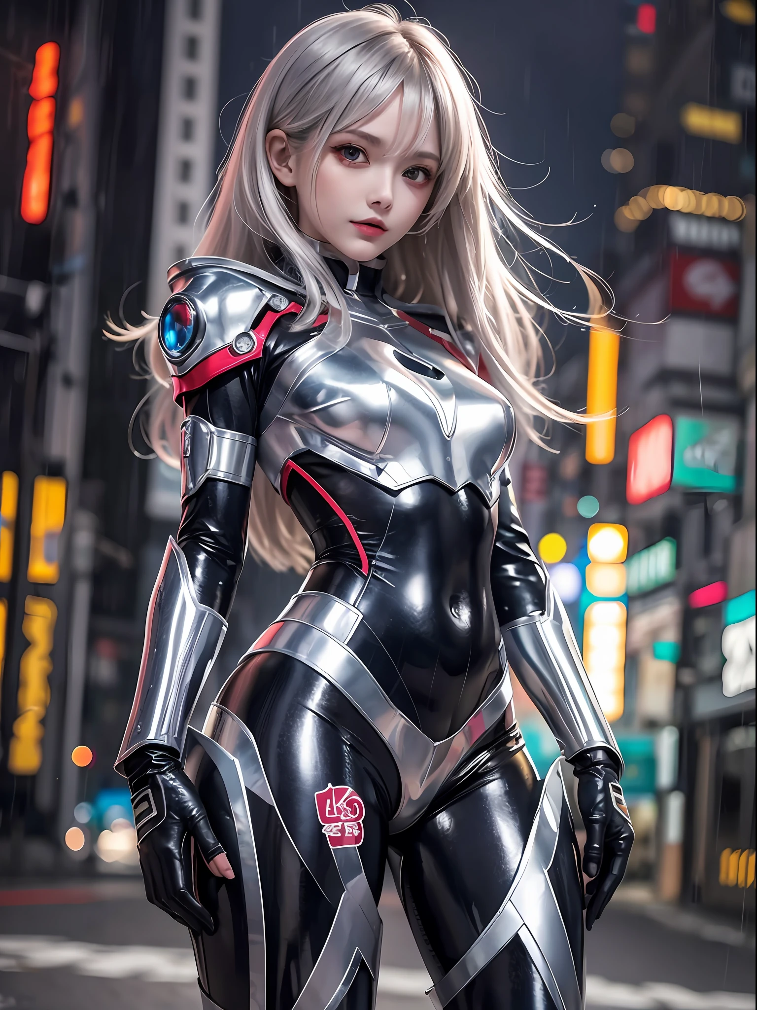 ((masterpiece:1.4, best quality))+, (ultra detailed)+,
1 girl,cyberpunk city,flat chest,wavy hair,mecha clothes,(robot girl),cool movement,silver bodysuit,colorful background,rainy days,(lightning effect),silver dragon armour,(cold face),cowboy shot,