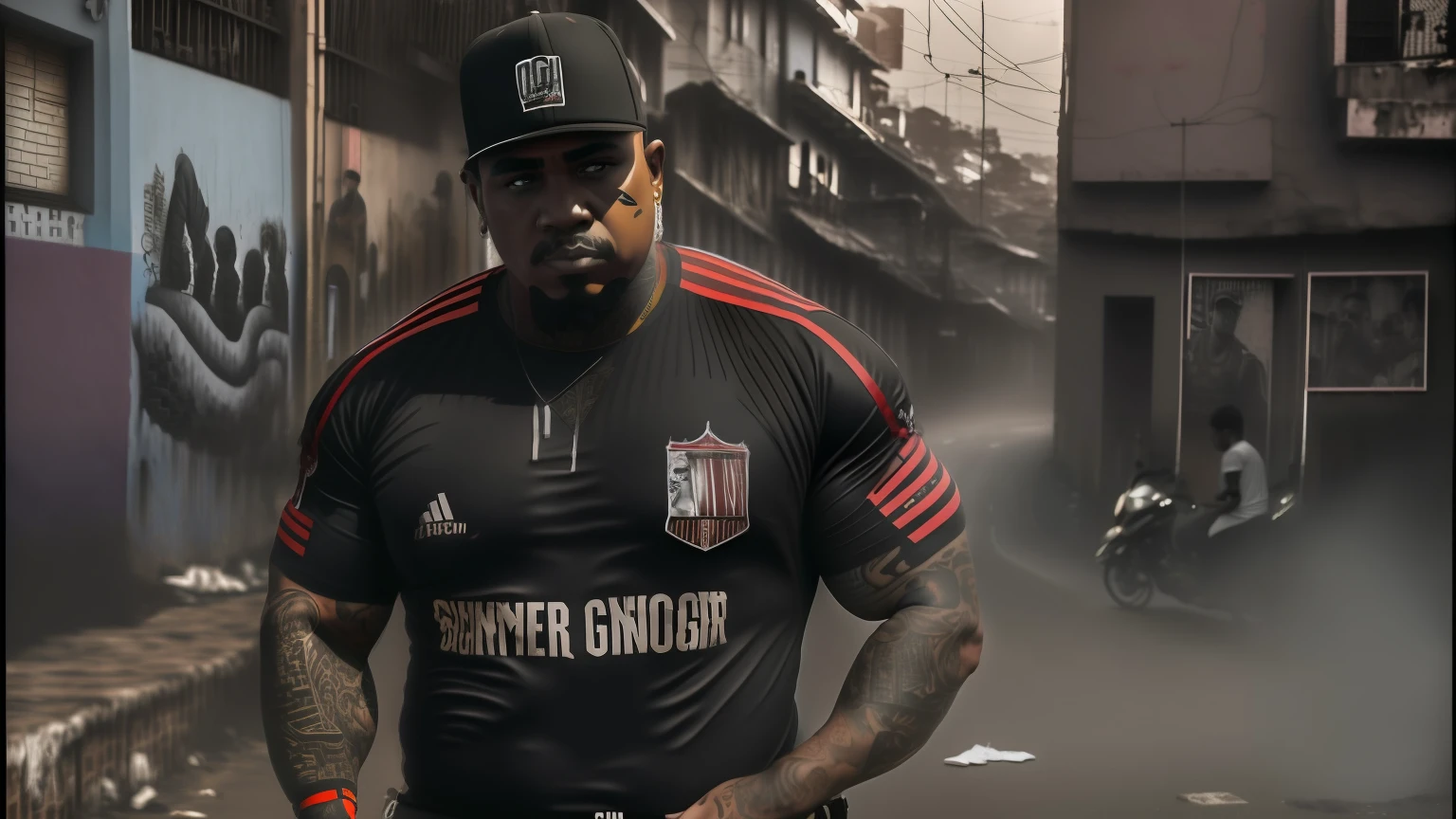 A GANG MAN IS LEANING AGAINST AN OLD BRICK WALL WITH VARIOUS GRAPHIC DESCRIPTION ON A DANGEROUS STREET WITH A LOT OF GANG MEMBERS, HE IS WEARING A FOOTBALL TEAM SHIRT WITH BLACK AND RED STRIPES, TATTOOED ARMS, EVIL-STARED, HOLDING A SMARTPHONE CIM A LINE OF WHITE POWDER LIKE , RIO DE JANEIRO COMMUNITY SCENE, BRAZILIAN FAVELA, DRUGS, NS, GANG