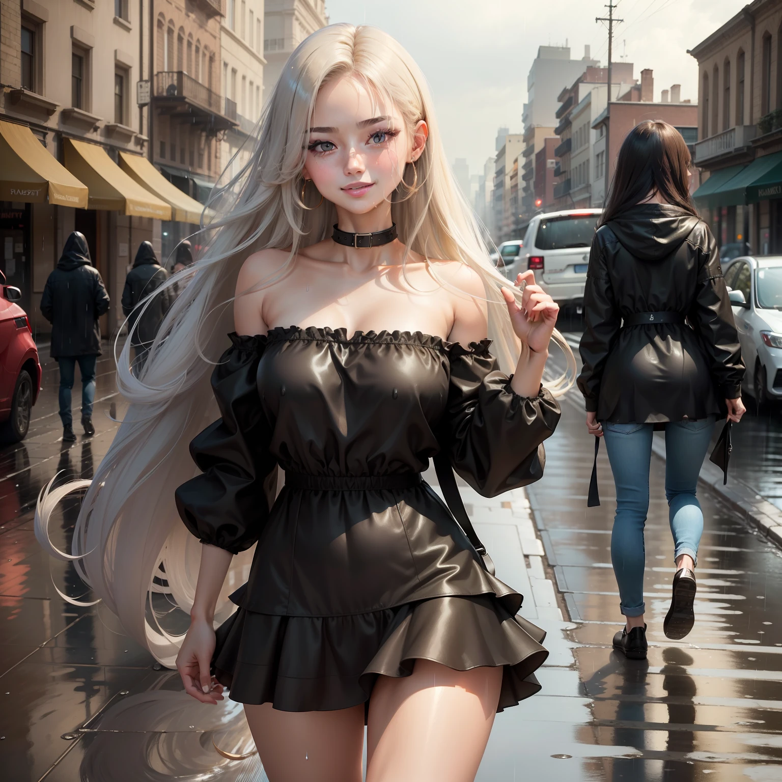 ((Best Quality, 8K, Masterpiece:1.3)), Focus: 1.2, Perfect Body Beauty: 1.4, Buttocks: 1.2, ((Layered Haircut, Breasts: 1.2)), (Wet Clothes: 1.1), (Rain, Street:1.3), Bandeau Dress: 1.1, Highly Detailed Face and Skin Texture, Fine Eyes, Double Eyelids, Whitening Skin, Long Hair, (Shut Up: 1.3), Smile