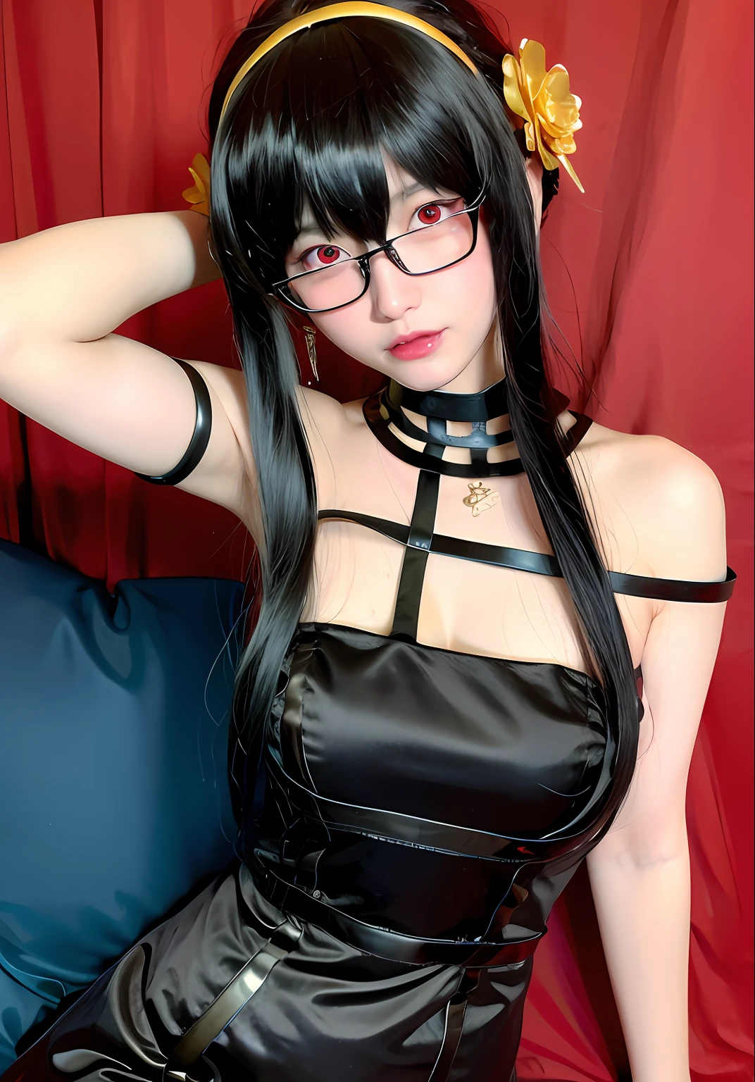 Arafed Mujer con gafas y un top negro posando para una foto, cruel korean goth girl, El estilo de Junji Ito, de chica taiwanesa con tatuajes, Estilo Junji Ito, Chica de anime en la vida real, her belly button is exposed, 1 7 - year - old anime goth girl, Personaje de anime; Arte de cuerpo completo, Chiho, 🤤 girl portrait, (((((desnuda))))), (((ojos rojos)))