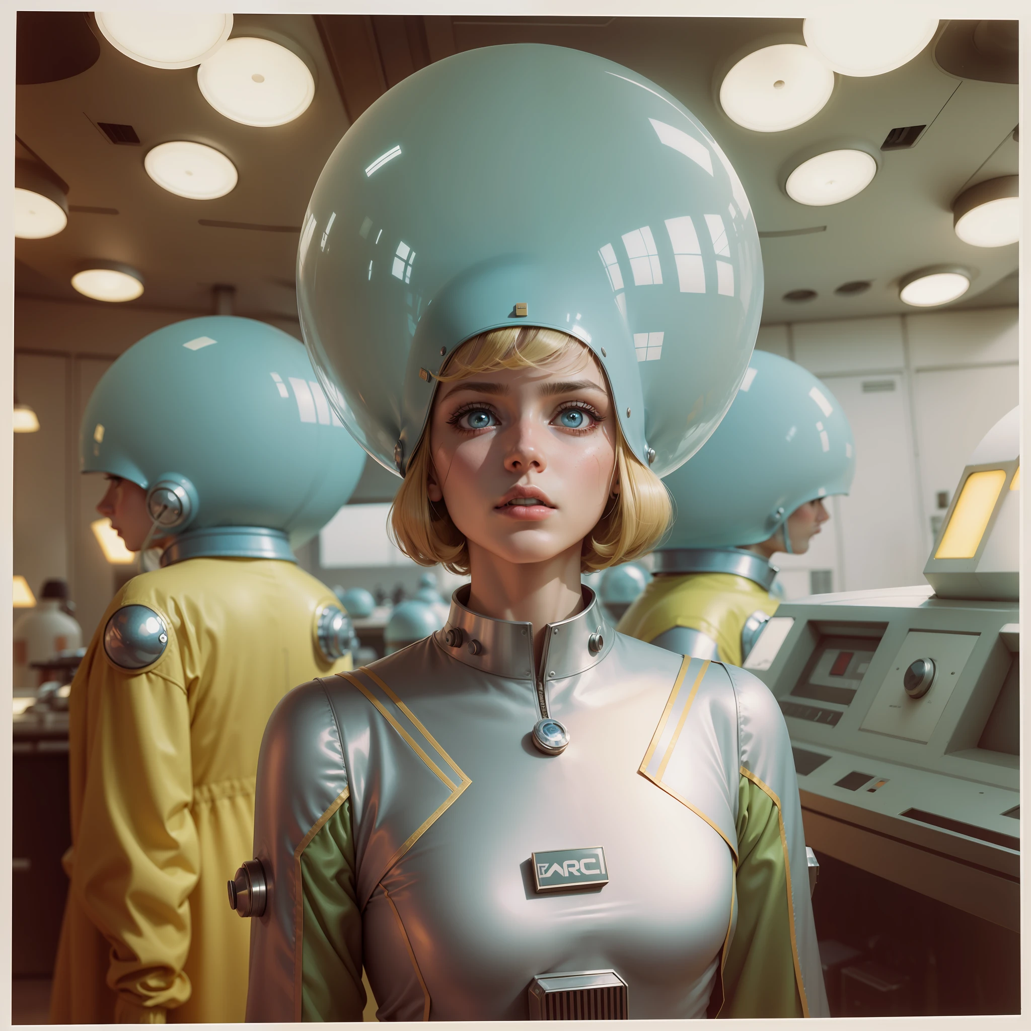4k picture of a 1970's sci-fi movie, Stanley Kubrick's movie picture, pastel colors, people wearing retro-futuristic fashion clothes and futuristic technological ornaments and devices, natural light, cinematic, psychedelia, retro-futuristic, photo-realistic, wax skin, perfect eyes, perfect hands, perfect hair, rich face details, hyper detailed, hyper realistic, real skin texture, real fabric textures, sharp background details, sharp render.