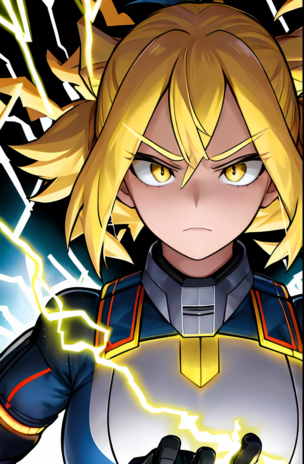 horikoshi kouhei, kouhei horikoshi, Kohei Horikoshi, boku no hero academia, heroine looking angrily at the viewer. bright yellow hair with light and electric sparks. Corpo inteiro, arte digital premiada, alta qualidade, perfeita qualidade, perfect hands, olhos perfeitos, rosto perfeito, Perfect heroine uniform. electric hair, raios amarelos, arte perfeita