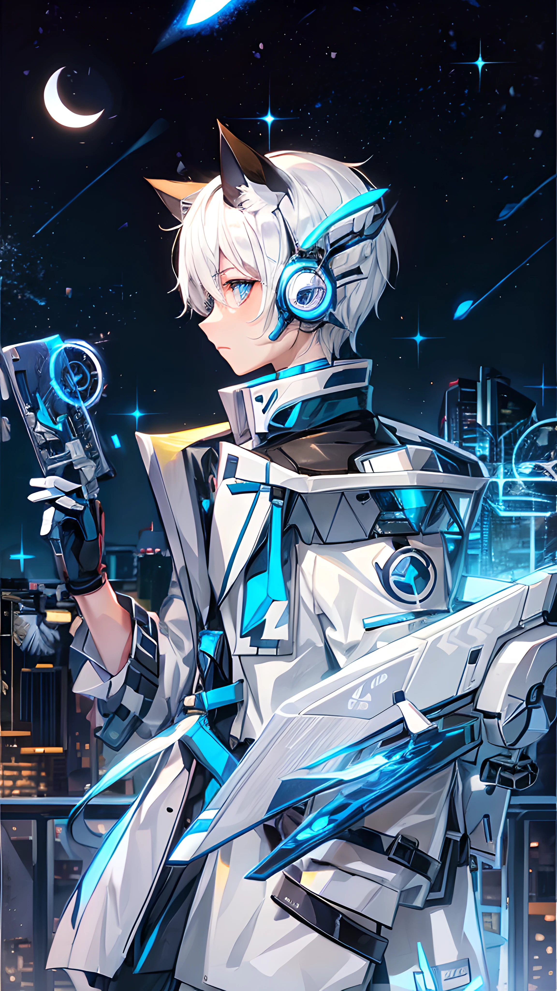 blue colored eyes , Exquisite Hair，White hair，glowing blue，Mecha cat ears