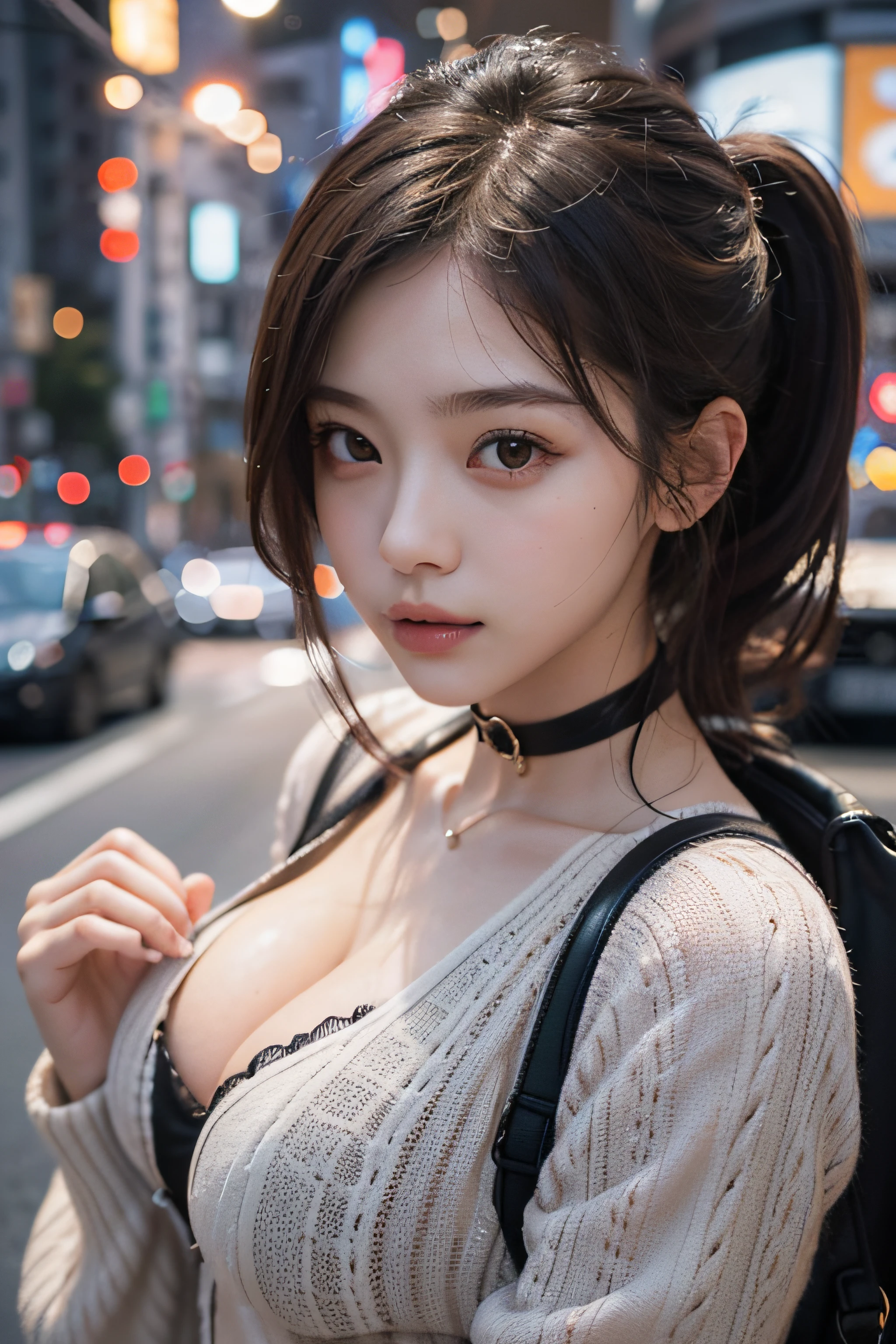 Best Quality Detail:1.2, realisitic, 8K UHD, hight resolution, 1girl in:1.2, The ultra-detailliert, High quality textures, intricate detailes, detaileds, Very detailed CG, High quality shadows, Detail Beautiful delicate face, Detail Beautiful delicate eyes, depth of fields, Ray traching, in her 20s, Pretty Kpop Girl, Korean Urzan Face:1.1, Slender face, ulzzang -6500-v1.1:0.6, pureerosface_v1, gloweyes, teak, Glossy lips, perfectbody, a choker、cleavage of the breast、 Brown hair、poneyTail:1.1, Street, Particle, look at viewr, Photorealsitic:1.4, ultra-detailliert, photos realistic, 4K 8K UHD Full Color RAW Photos, Fuji Film(Medium format:1.2), Hasselblad:1.2, Carl zeiss:1.1, Incredible dynamic range photography(UTIL_Art by Smoose-768:1.1), hight resolution, High pixel count, clear details, crisp image, Natural color reproduction, Noise Reduction, High fidelity, qulity, Software Improvements, Upscaling, Optimized algorithms, Pro-level retouching、((Shibuya, tokyo prefecture))、On the way to shopping、((Fashionable clothes with a very high design))、Casual Tracksuit: Sporty and casual tracksuit、Fashionable style