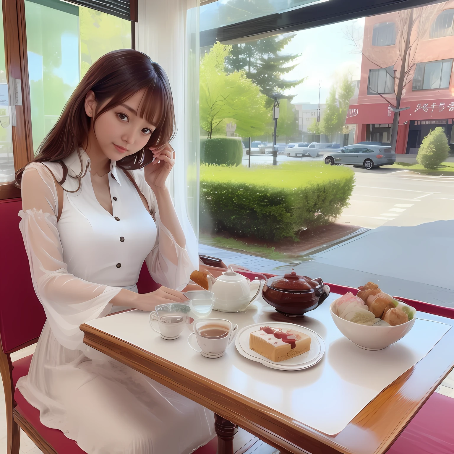 woman sitting at a table with a plate of food and a cup of coffee, smooth white tight clothes suit, sakimichan, sitting alone in a cafe, 4K post, 4 km column, 8K)), Korean girl, sakimichan hdri, sitting in a café, 4 k'' ], 4K], beautiful Korean women