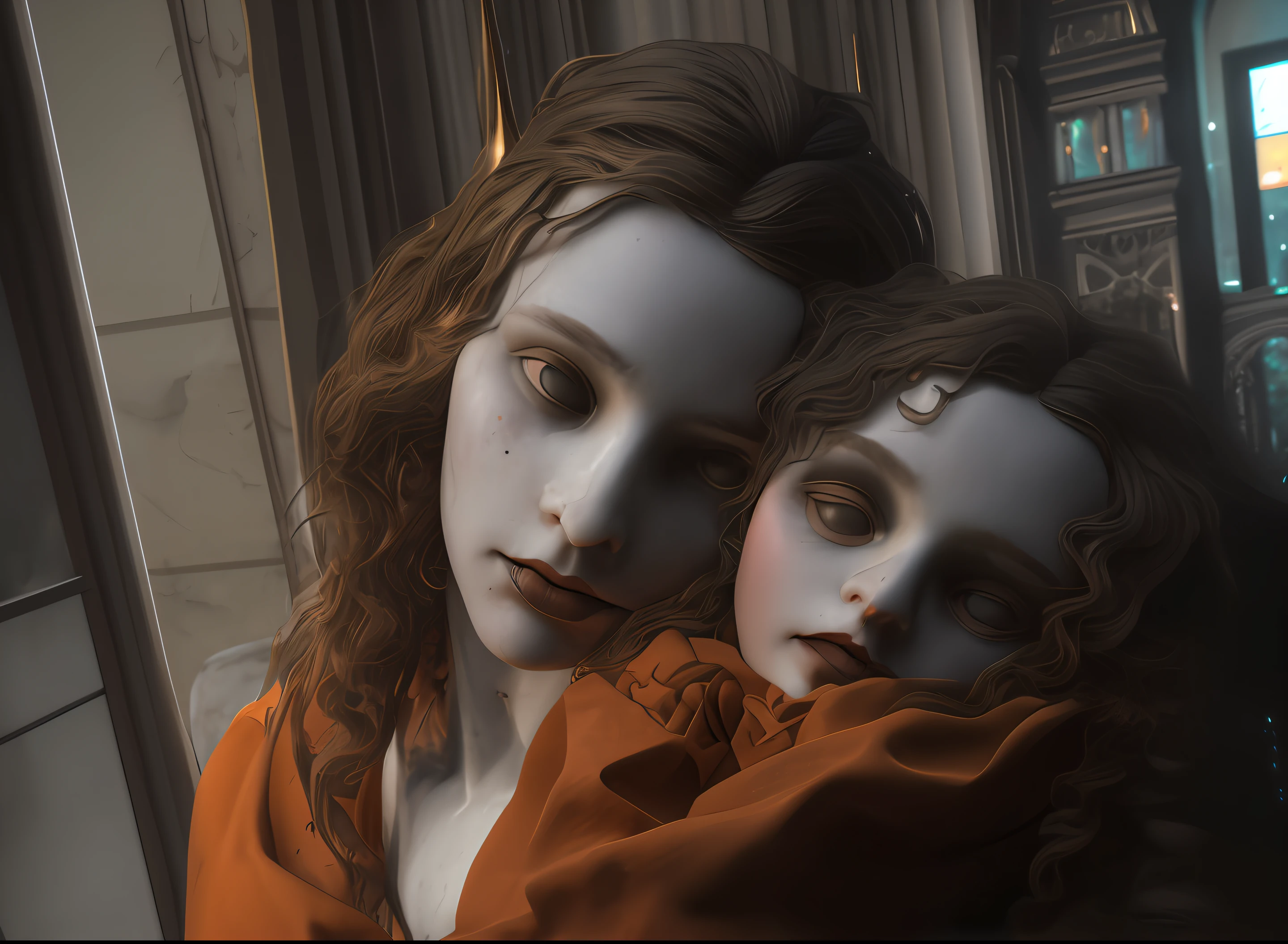 High detail RAW color art, animation, marble skin of a male angel, high angle, marble statue, (((ultra detailed elegant, beautiful face))), (crucifixion), white skin, wearing catholic robe, magical atmosphere, ((long curly hair)), (focus on face), (((gothic cathedral on background))), (detailed skin, skin texture), (intricately detailed, fine details, hyper detailed), raytracing, subsurface scattering, diffused soft lighting, shallow depth of field, by (Oliver Wetter), by Leonardo da Vinci, photographed on a Canon EOS R5, 28mm lens, F/2.8, sharp focus bokeh