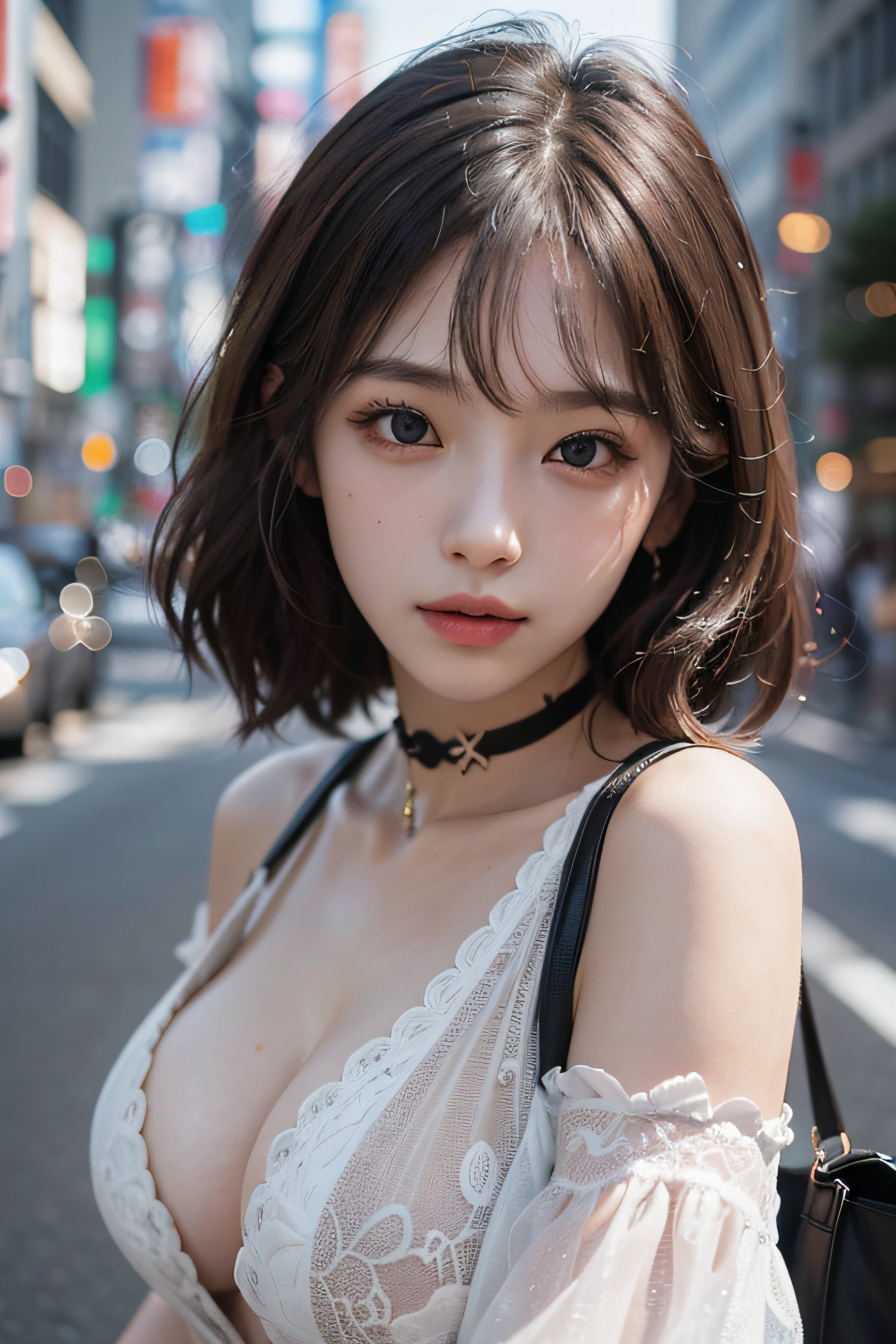 Best Quality Detail:1.2, realisitic, 8K UHD, hight resolution, 1girl in:1.2, The ultra-detailliert, High quality textures, intricate detailes, detaileds, Very detailed CG, High quality shadows, Detail Beautiful delicate face, Detail Beautiful delicate eyes, depth of fields, Ray traching, in her 20s, Pretty Kpop Girl, Korean Urzan Face:1.1, Slender face, ulzzang -6500-v1.1:0.6, pureerosface_v1, gloweyes, teak, Glossy lips, perfectbody, a choker、cleavage of the breast、 Brown hair、poneyTail:1.1, Street, Particle, look at viewr, Photorealsitic:1.4, ultra-detailliert, photos realistic, 4K 8K UHD Full Color RAW Photos, Fuji Film(Medium format:1.2), Hasselblad:1.2, Carl zeiss:1.1, Incredible dynamic range photography(UTIL_Art by Smoose-768:1.1), hight resolution, High pixel count, clear details, crisp image, Natural color reproduction, Noise Reduction, High fidelity, qulity, Software Improvements, Upscaling, Optimized algorithms, Pro-level retouching、((Shibuya, tokyo prefecture))、On the way to shopping、((Fashionable clothes with a very high design))、graphic t-shirt: Art and Logos、Graphic T-shirts printed with anime characters are trending.、Used for unique styling