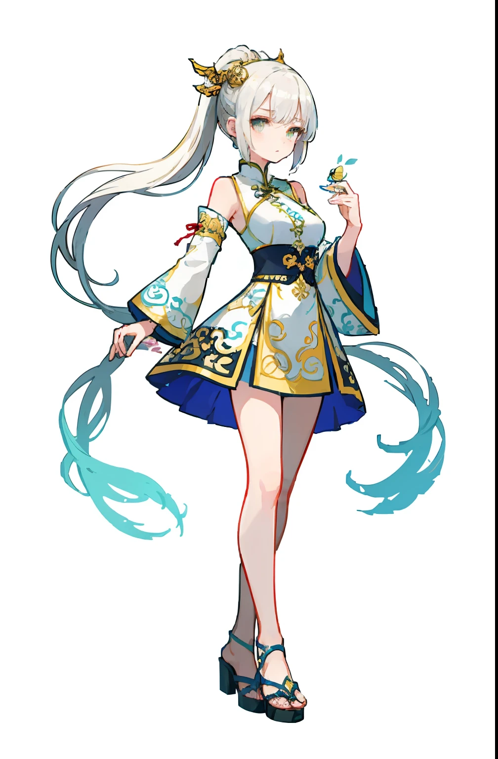 (offcial art：1.5，品质最佳，finedetail)full bodyesbian，Beautiful white girl，Chinese mythology style fantasy world costume，white  skirt，Long, Flowing white hair，Very long ponytail，refined demeanor，A faint sad expression，Heroic，The body is graceful，beautifullegs，perfect bodies，Elegant and flowing。