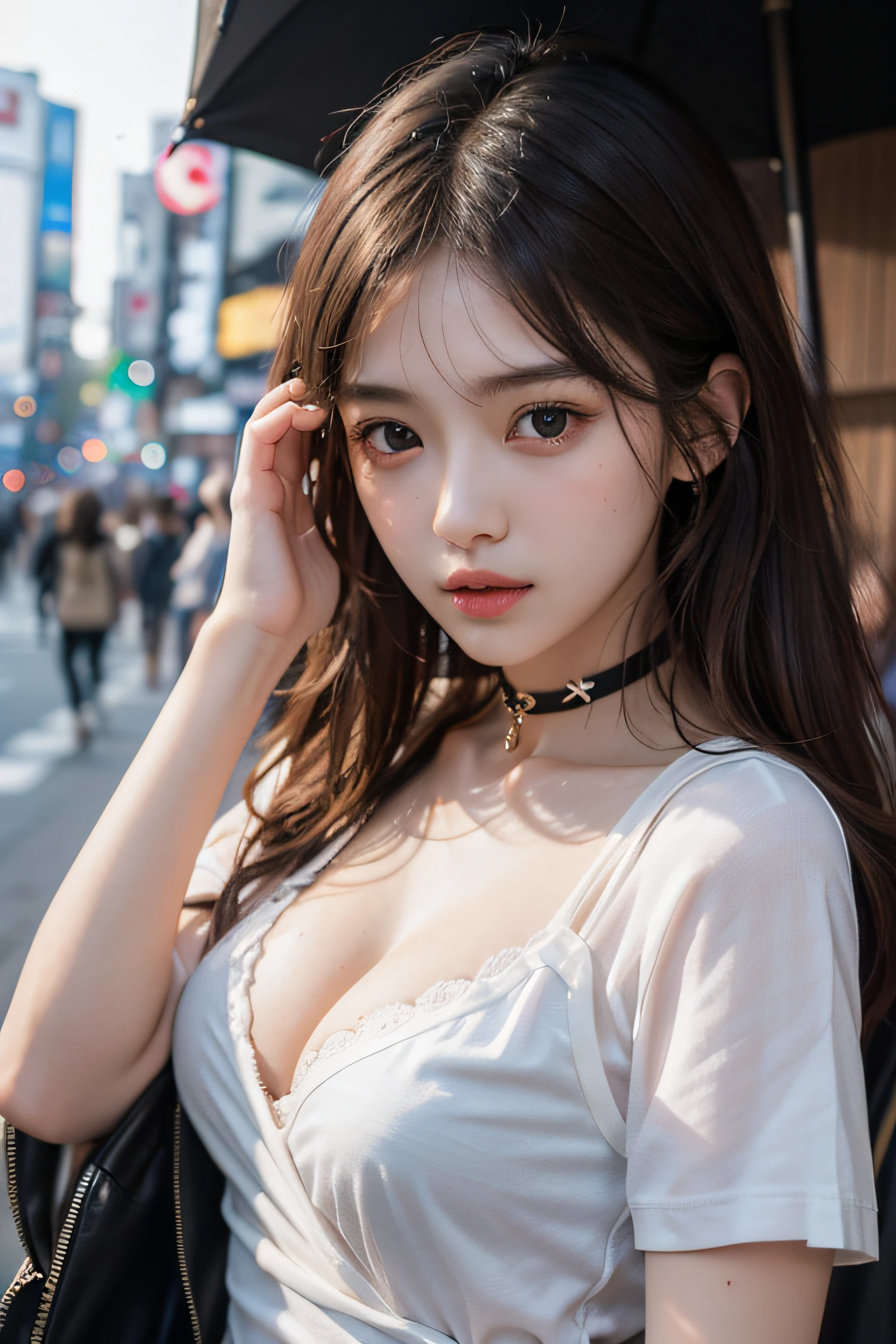 Best Quality Detail:1.2, realisitic, 8K UHD, hight resolution, 1girl in:1.2, The ultra-detailliert, High quality textures, intricate detailes, detaileds, Very detailed CG, High quality shadows, Detail Beautiful delicate face, Detail Beautiful delicate eyes, depth of fields, Ray traching, in her 20s, Pretty Kpop Girl, Korean Urzan Face:1.1, Slender face, ulzzang -6500-v1.1:0.6, pureerosface_v1, gloweyes, teak, Glossy lips, perfectbody, a choker、cleavage of the breast、 Brown hair、poneyTail:1.1, Street, Particle, look at viewr, Photorealsitic:1.4, ultra-detailliert, photos realistic, 4K 8K UHD Full Color RAW Photos, Fuji Film(Medium format:1.2), Hasselblad:1.2, Carl zeiss:1.1, Incredible dynamic range photography(UTIL_Art by Smoose-768:1.1), hight resolution, High pixel count, clear details, crisp image, Natural color reproduction, Noise Reduction, High fidelity, qulity, Software Improvements, Upscaling, Optimized algorithms, Pro-level retouching、((Shibuya, tokyo prefecture))、On the way to shopping、((Fashionable clothes with a very high design))、graphic t-shirt: Art and Logos、Graphic T-shirts printed with anime characters are trending.、Used for unique styling