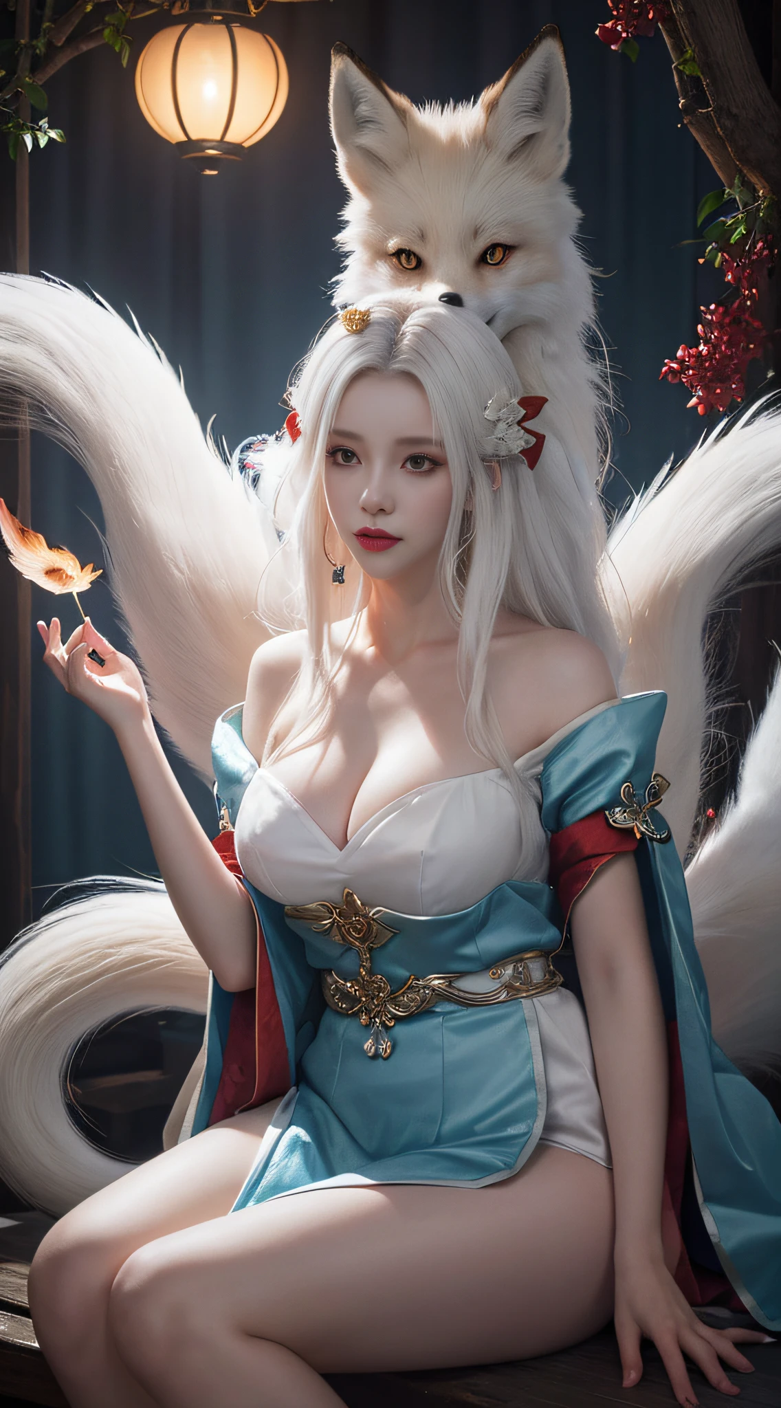 (Dress conservatively:1.3),(Exquisitehands:1.5),(Five fingers:1.5),(perfect hand:1.5),send,tmasterpiece,beautifuldetails,Extremely colorful,Exquisite details,Delicate lips,The details are complex,Realiy,Ultra photo realsisim,A girl and a white-haired fox sit on a branch:1.1,Large breasts,Raised sexy,seductiv,ethereal fox,nine tail fox,Fox three-tailed fox,Onmyoji detailed art,Nine tails,A beautiful artwork illustration,mythological creatures,red fox,Beautiful digital artwork,Exquisite digital illustration,mizutsune , Inspired by the mythical creature wildnet,Digital art on Pixiv,strong lights,hight contrast,Horror movie theme,Dark atmosphere
