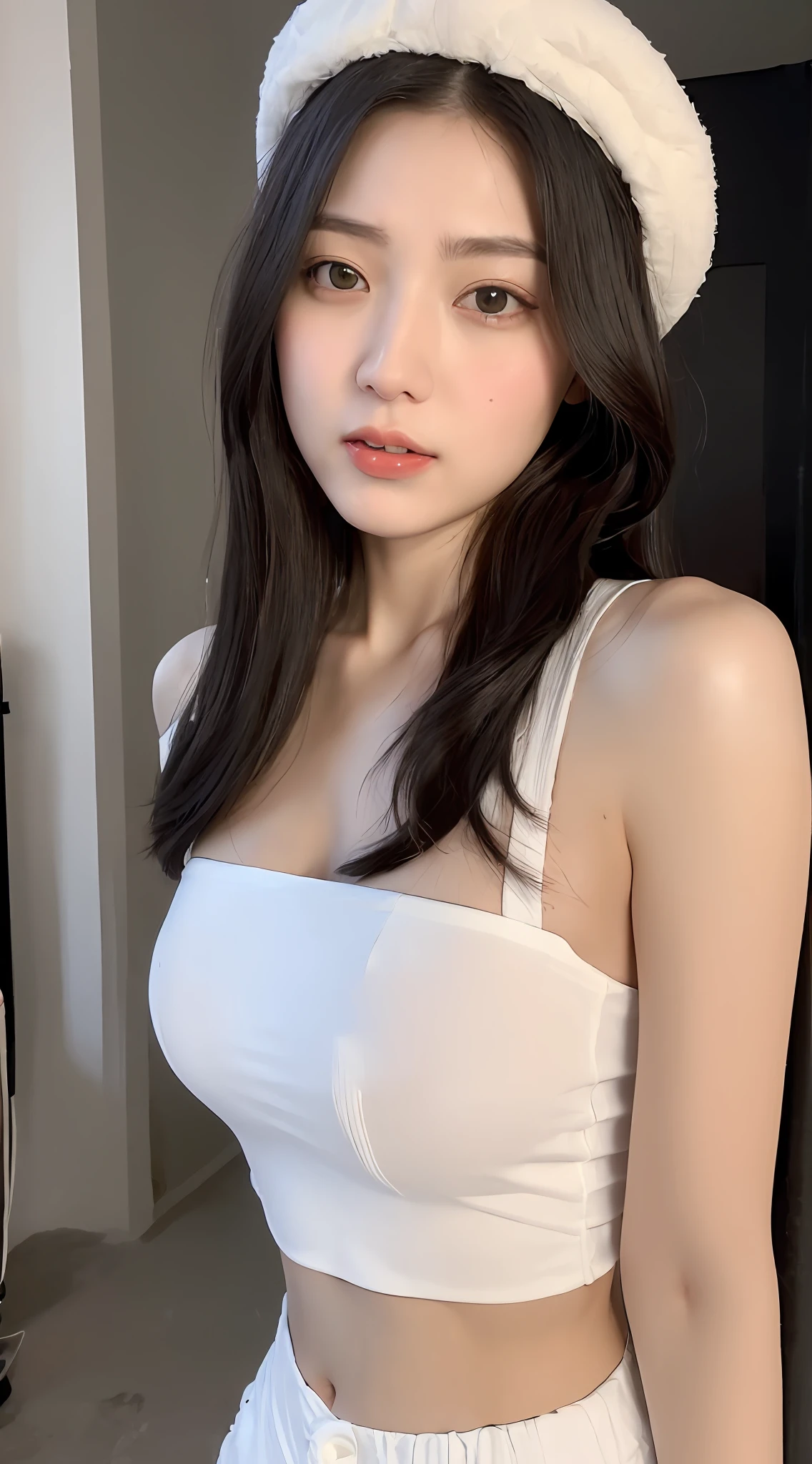 ((best qualtiy, 8k, tmasterpiece:1.3)), (Cat ears:1.3),Focus:1.2, perfect figure beautiful woman:1.4, Cocked buttocks:1.2, ((Cut hair in layers:1.2)), , (dark Street:1.3), Highly detailed facial and skin texture, full bodyesbian,A detailed eye, 二重まぶた,Whiten skin,long whitr hair,(with a round face:1.5),(Loose black crop top,shorter pants:1.6)