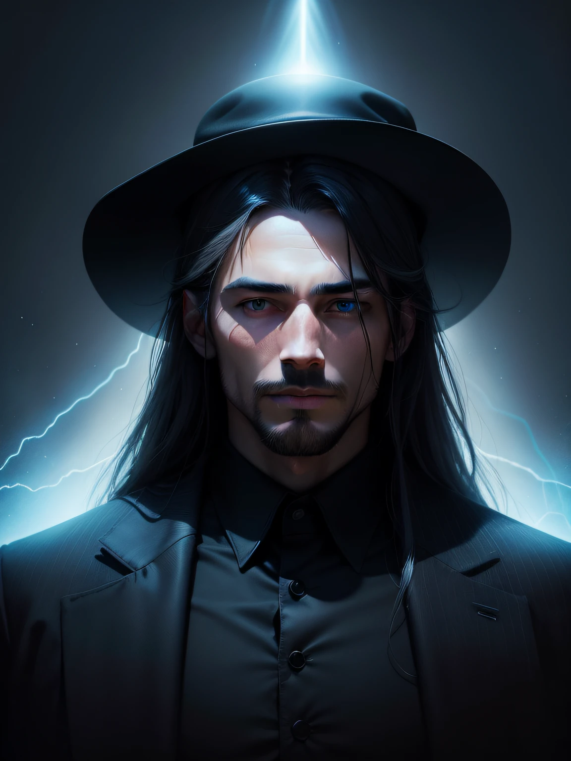 Dressed in black,Wear a hat on the head,A beam of blue light,A man,