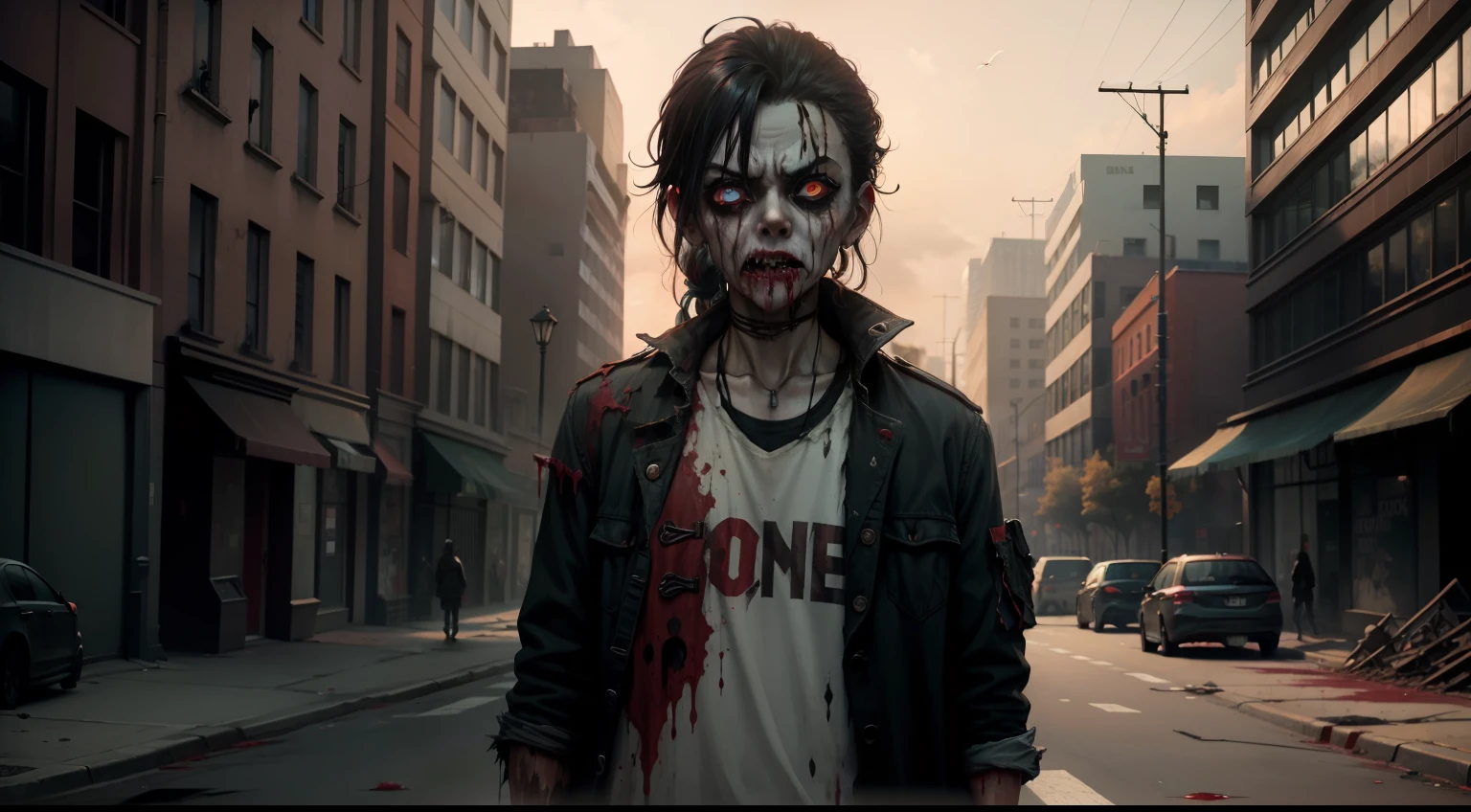 /imagine prompt: A terrifying zombie standing on the street, blood dripping from its mouth, tattered clothes, empty and malicious eyes, a foul smell permeating the air,
