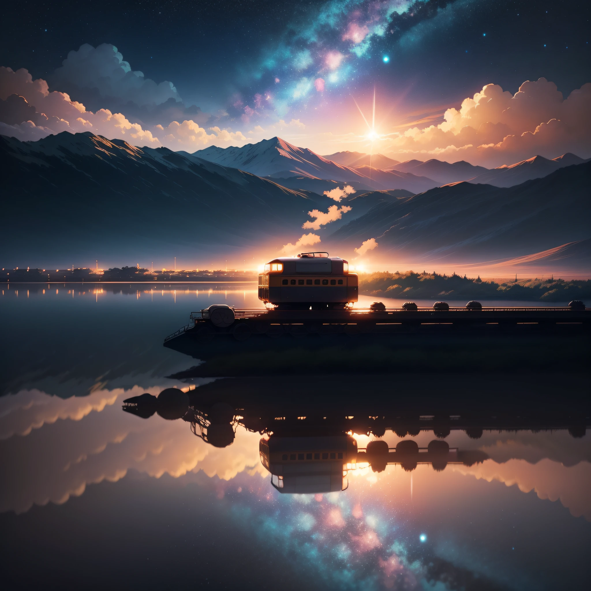 High quality masterpiece, landscape, anime train passing through bodies of water on tracks, bright starry sky. Romantic train, pixiv, concept art, lofi art style, reflection. by Makoto Shinkai, lofi art, Beautiful anime scene, Anime landscape, detailed scenery —width 672, in style of Makoto shinkai, style of Makoto shinkai, enhanced details.