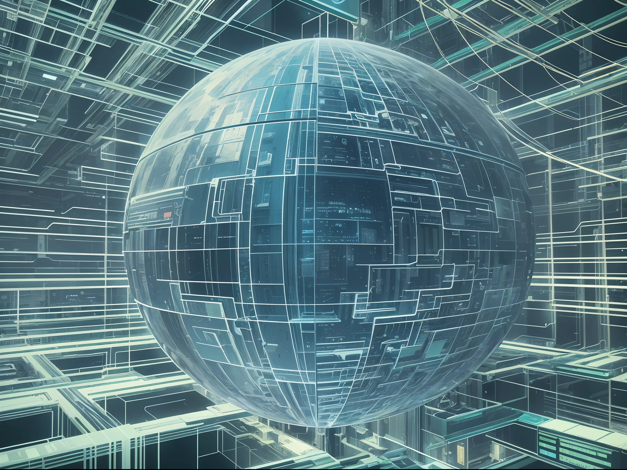 I have a blue and white image of a sphere with many lines, Wire ground background, Immerse yourself in glitch networks, Immerse yourself in the network, Fiber Optic Network, Internet, by Kurt Roesch, optical fiber, detailed photo of virtual world, Surreal Cyberspace, high-level image quality", cyber space, Connected, interesting background, Digital World、Buildings