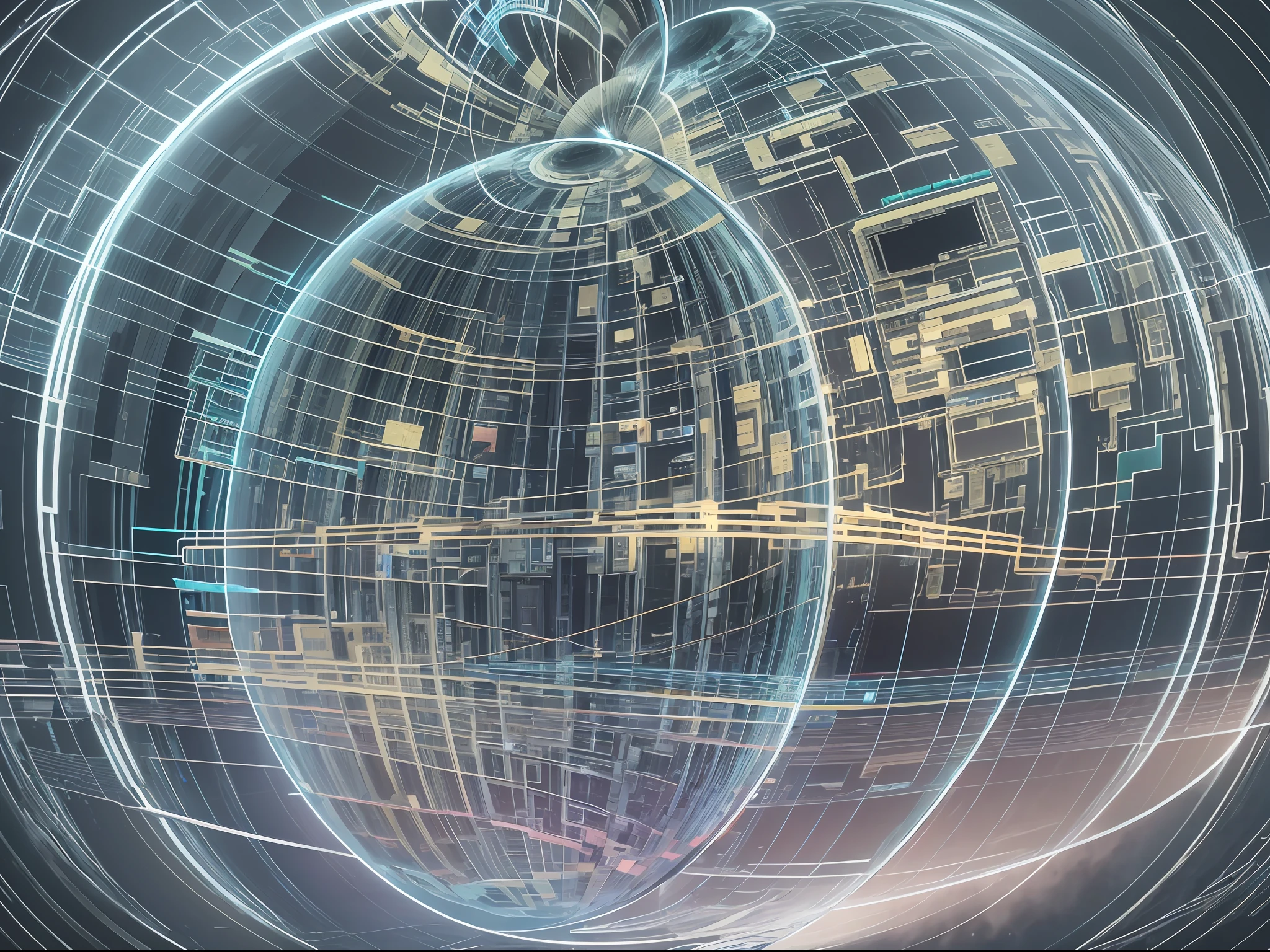 I have a blue and white image of a sphere with many lines, Wire ground background, Immerse yourself in glitch networks, Immerse yourself in the network, Fiber Optic Network, Internet, by Kurt Roesch, optical fiber, detailed photo of virtual world, Surreal Cyberspace, high-level image quality", cyber space, Connected, interesting background, Digital World、Buildings