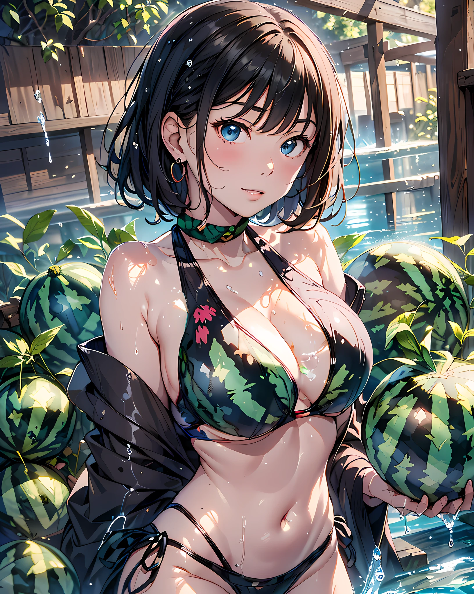 delete floating fingers, detailed watermelon pattern bikini,