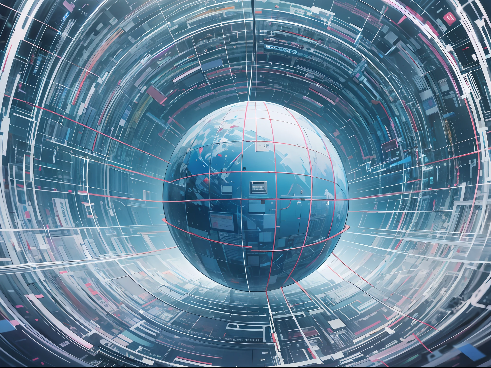 I have a blue and white image of a sphere with many lines, Wire ground background, Immerse yourself in glitch networks, Immerse yourself in the network, Fiber Optic Network, Internet, by Kurt Roesch, optical fiber, detailed photo of virtual world, Surreal Cyberspace, high-level image quality", cyber space, Connected, interesting background, Digital World、Buildings