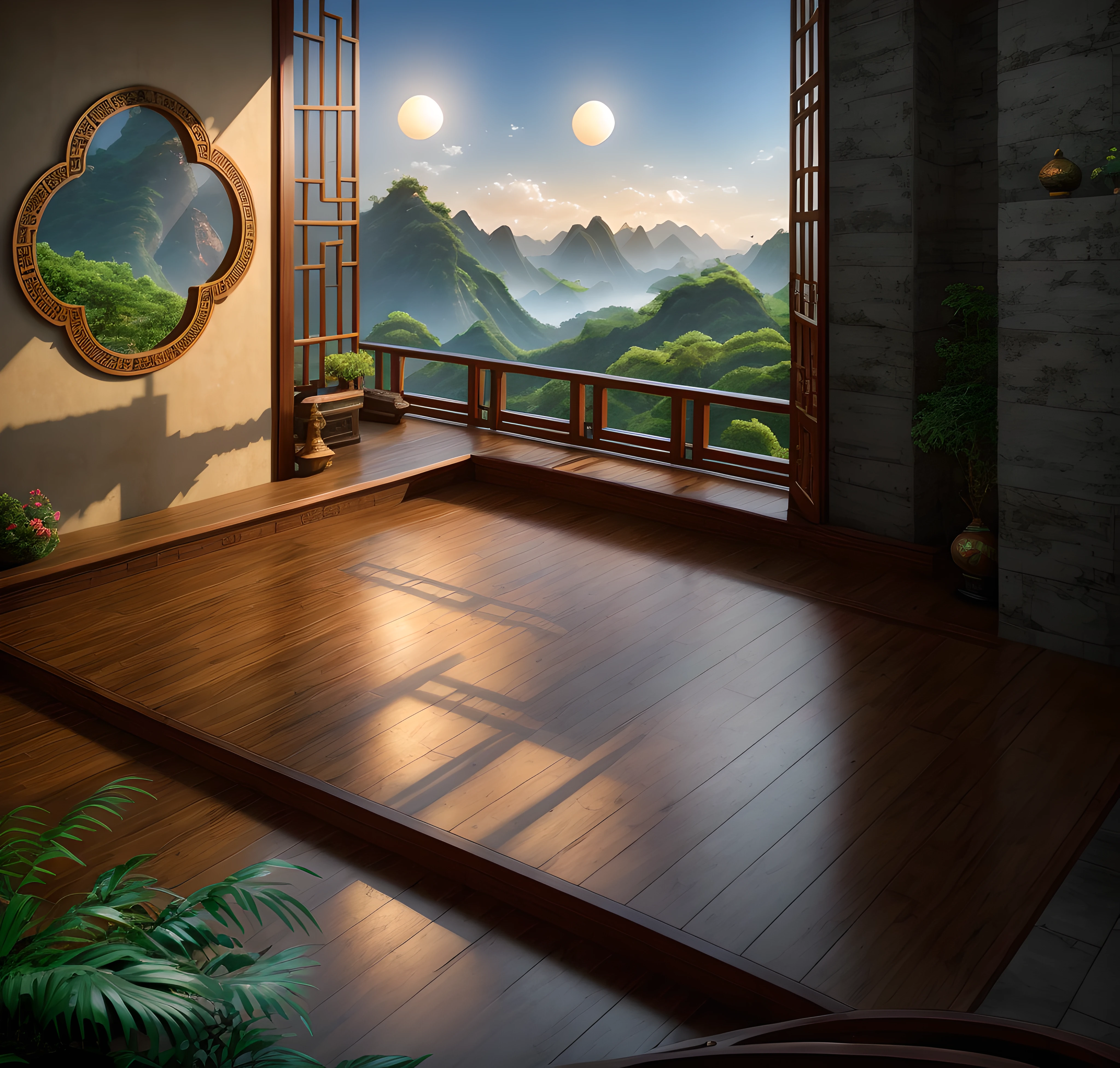 Bright scene，real rendering，（((In the daytime:1.5)))，Not a night view，Best quality at best，highly  detailed，tmasterpiece，ultra - detailed，Extremely detailed CG unifies 8K, 8K, Diamond, China Wall，tmasterpiece，best qualityer，Chinese martial arts style，There are water lilies，There are lanterns，Under the water，Lake surface，lotuses，The beautiful，（((Chinese martial arts style))), The sky is vast, Even the mountain cliffs, Bright ink style, Contour light, Atmospheric atmosphere, , bamboos, pines, Octagonal stone pavilion, Flying waterfalls, CG， The world of martial arts， Chinese style buildings， Eau， in a panoramic view，  8K， tmasterpiece， best qualtiy， high qulity， high detal， super detailing， A high resolution， hyper HD，Complete and unified，without humans，no animals