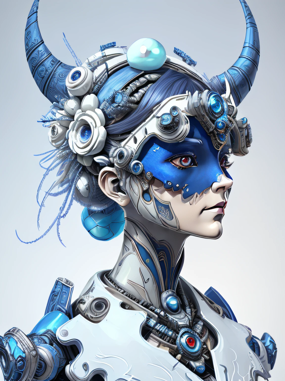 There is a woman wearing a blue and white headdress and horns, porcelain cyborg, ceramic cyborg, porcelain cyborg armor, Blue Robot, intricate ornate anime cgi style, anime robotic mixed with organic, intricate transhuman, art nouveau octane render, Beautiful robot character design, ghost in the shell geisha robot, cyborg - girl, integrated synthetic android, cybernetic body parts