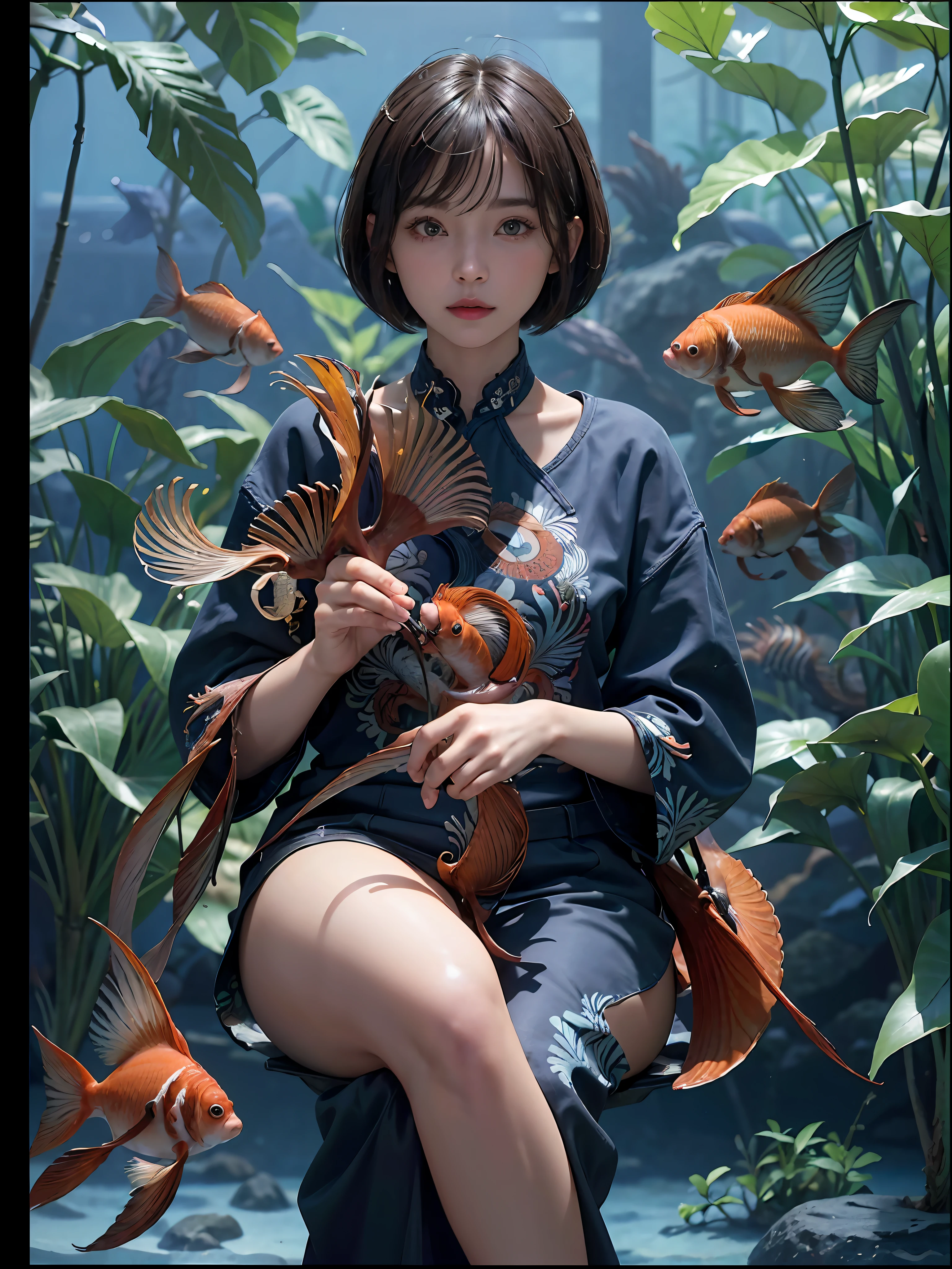 (((30-year-old woman with)))、((aquariums))、masterpiece, 1 beautiful girls, (((very_Short_hair))), Eye details, Swollen eyes, Top image quality, 超A high resolution, (Realistis: 1.4), OriginalPhotographs, 1girl in, Cinematographic lighting, japanes, very beautif, Beautiful skins, (A hyper-realistic), (hight resolution), (8 K), (ighly detailed), (The best illustrations), (beautifully detailed eyes), (ultra-detailliert), A detailed face, look at a camera, Facing straight ahead, Neat Clothing, shorth hair、A dark-haired、46-point diagonal bangs、((aquariums))、Lots of fish、(((tropical fish)))