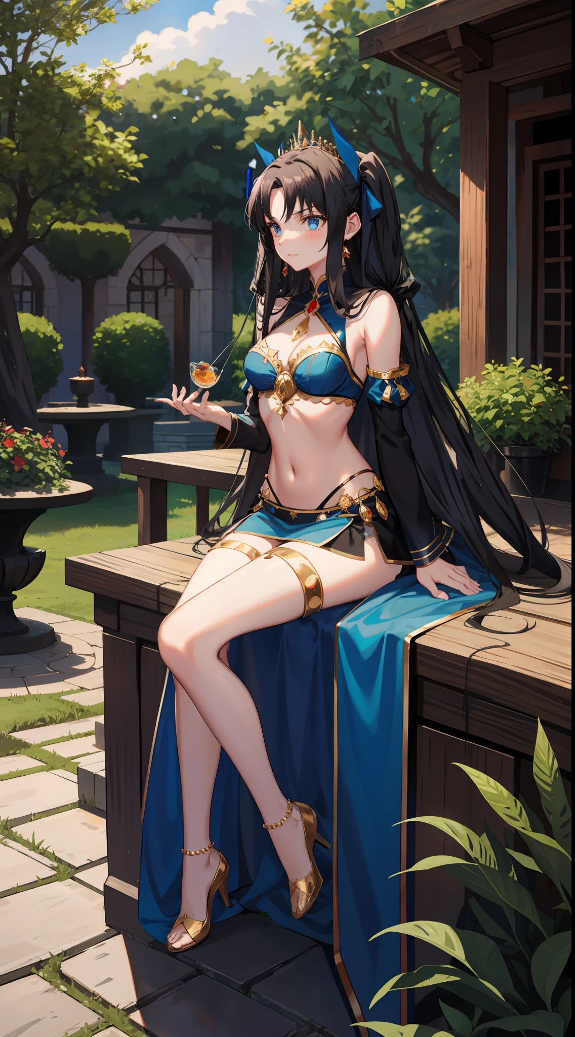 long hair, black hair, medium breast, slim legs, happy, blue gown, cleavage, arabian belly dancer , short skirt, rin tohsaka, twin tail, navel, garden, blue eyes, tiara, sitting, thigh high socks, sunlight,