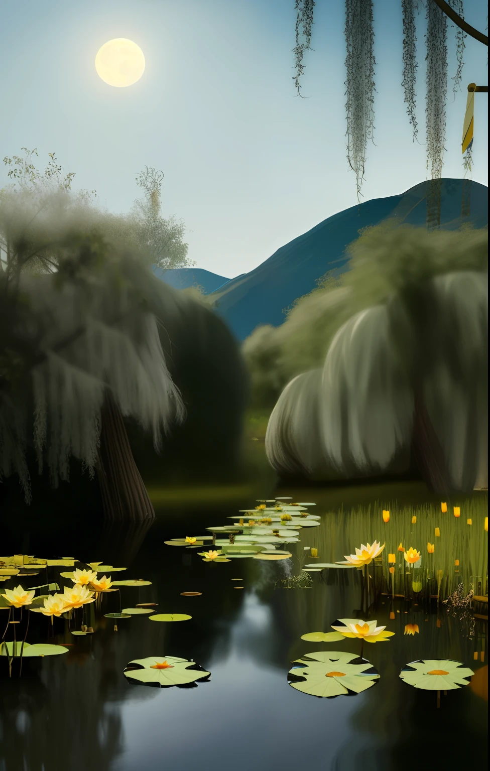 Along the lotus pond，This is a tortuous road with small coal chips。It's a secluded road；At night there are lotus ponds on all sides，There are a lot of trees，gloomily。roadside，It's some willow trees，There are also some trees with unknown names。moonless night，It's a dark road，Some people are afraid of people。