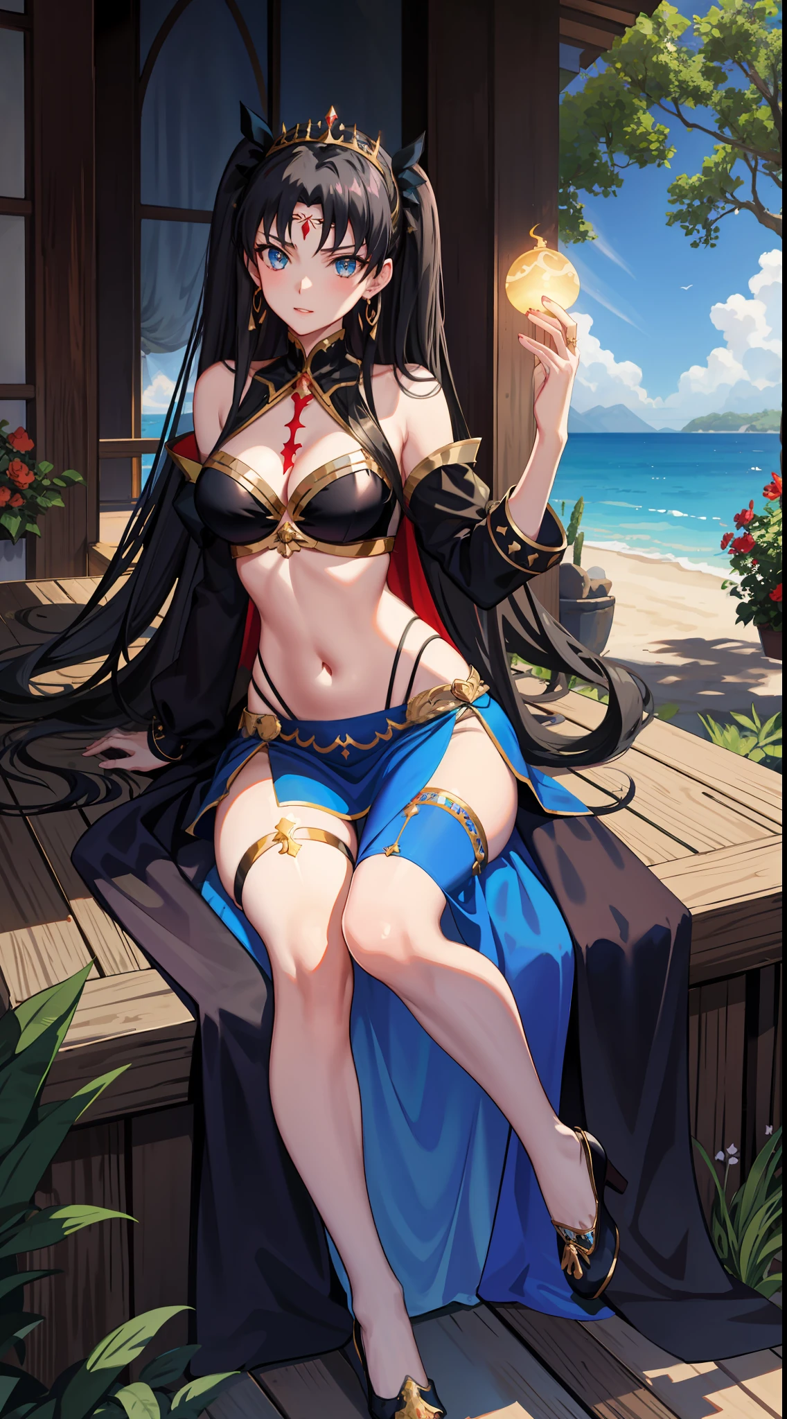 long hair, black hair, medium breast, slim legs, happy, blue gown, cleavage, arabian belly dancer , short skirt, rin tohsaka, twin tail, navel, garden, blue eyes, tiara, sitting, thigh high socks, sunlight,