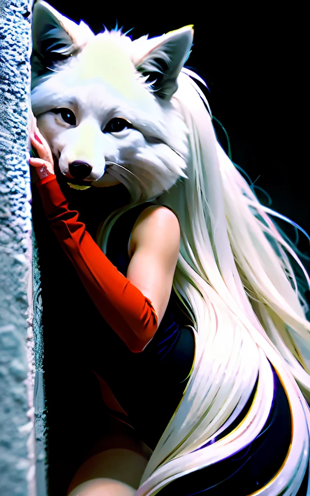 Long silver-white flowing hair,Fox ears on the head,Sexy red,Dark brown fur clothes,The crotch wants a furry fox tail to grow behind it,Sexy and enchanting,leaning back against the wall,Fox tail,Insert the large carrot into your mouth,with her mouth open,Suck on large carrots,Insert into mouth,drools,The expression is intoxicated