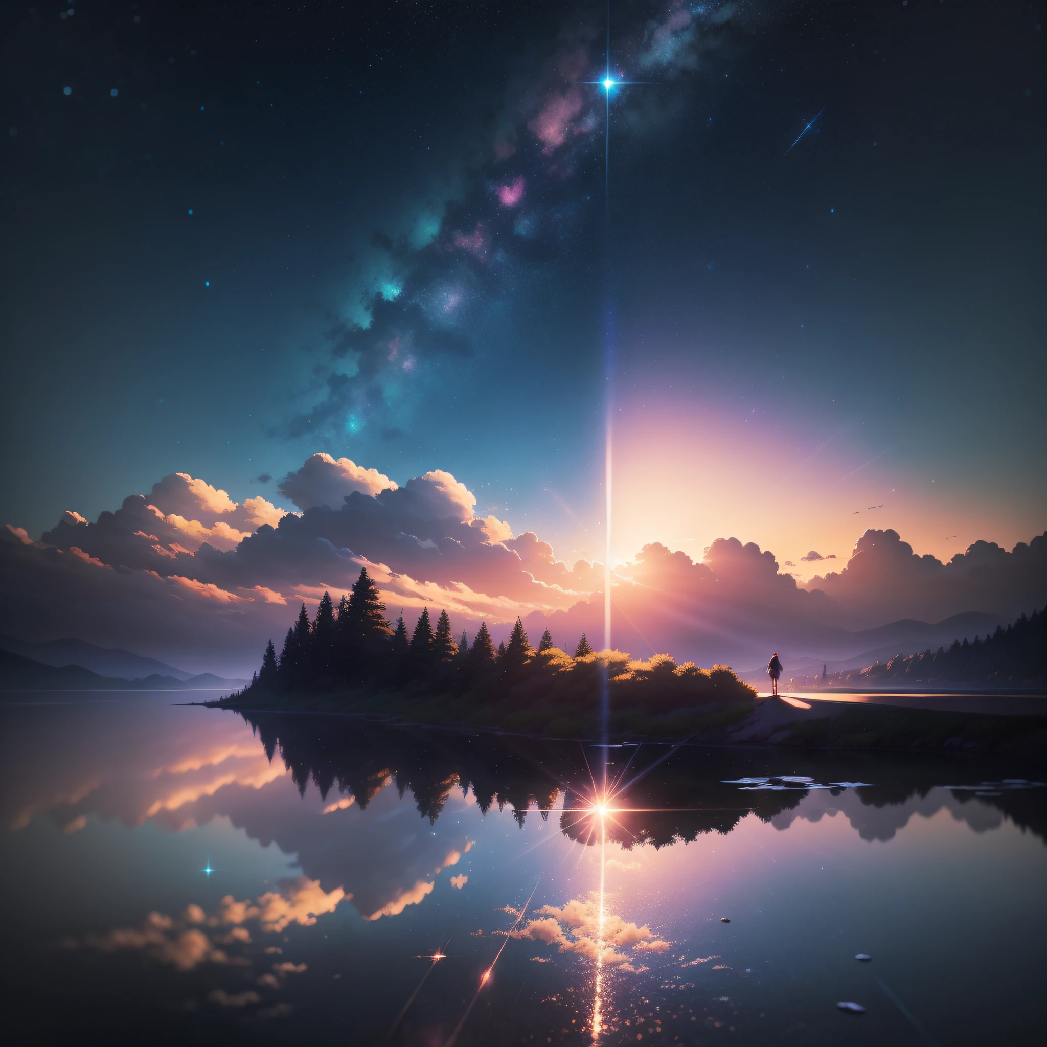High quality masterpiece ,scenecy, Glittering starry sky。pixiv,concept-art,Lofi art style,Reflectors。 by makoto shinkai, lofi art, beautiful anime scenes, Anime landscapes, Detailed scenery —width 672, in style of makoto shinkai, style of makoto shinkai,Detail enhancement。
