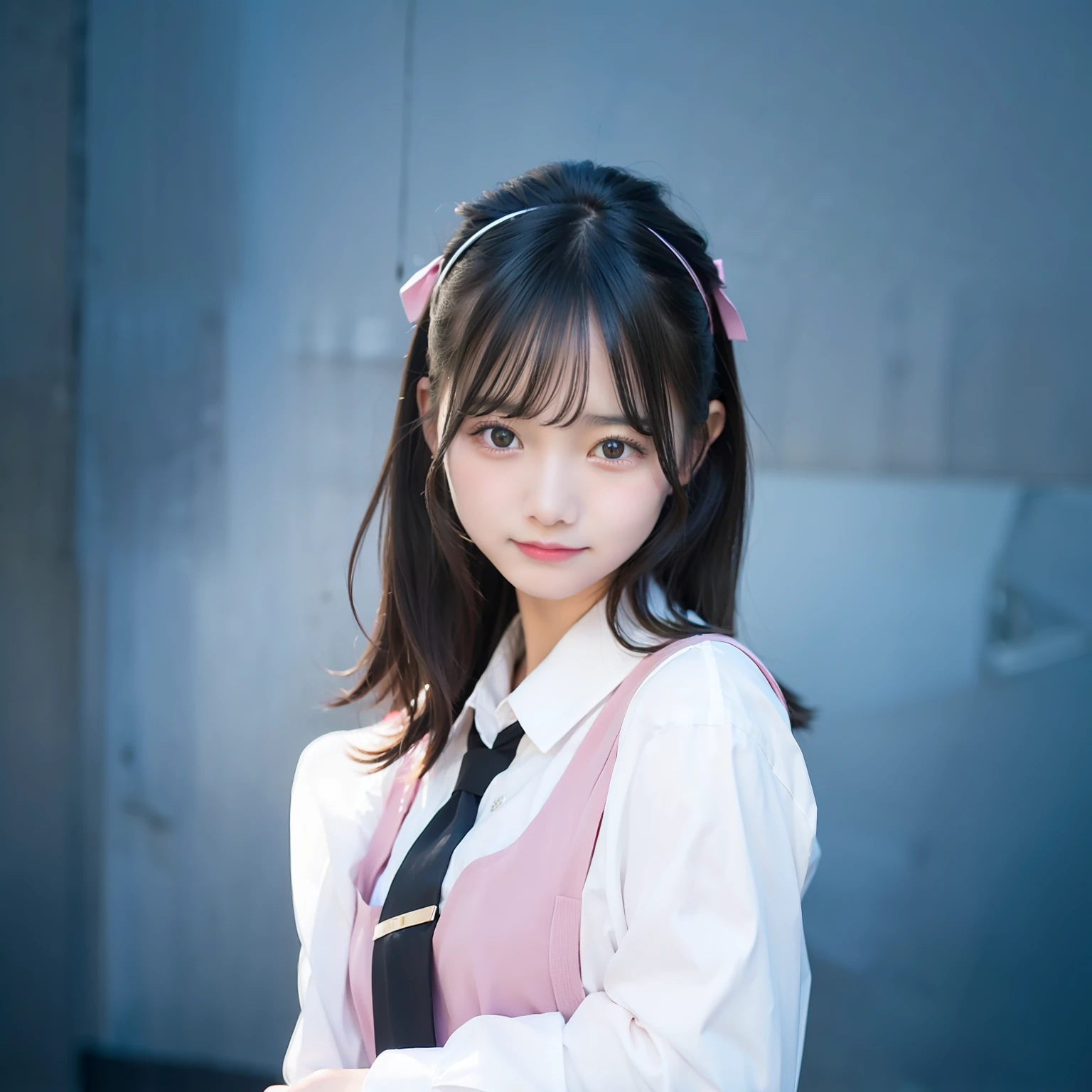 1girl, very beautiful face, black hair, pink school uniform, 70mm lens