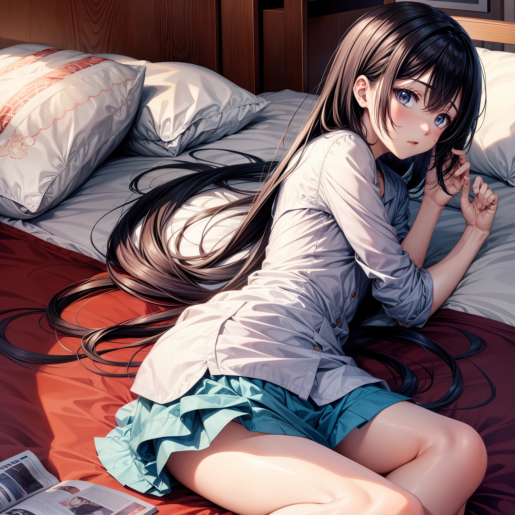 animemanga girl，，onbed，Cover your skin with a quilt，Shy，Clothes were scattered on the bed