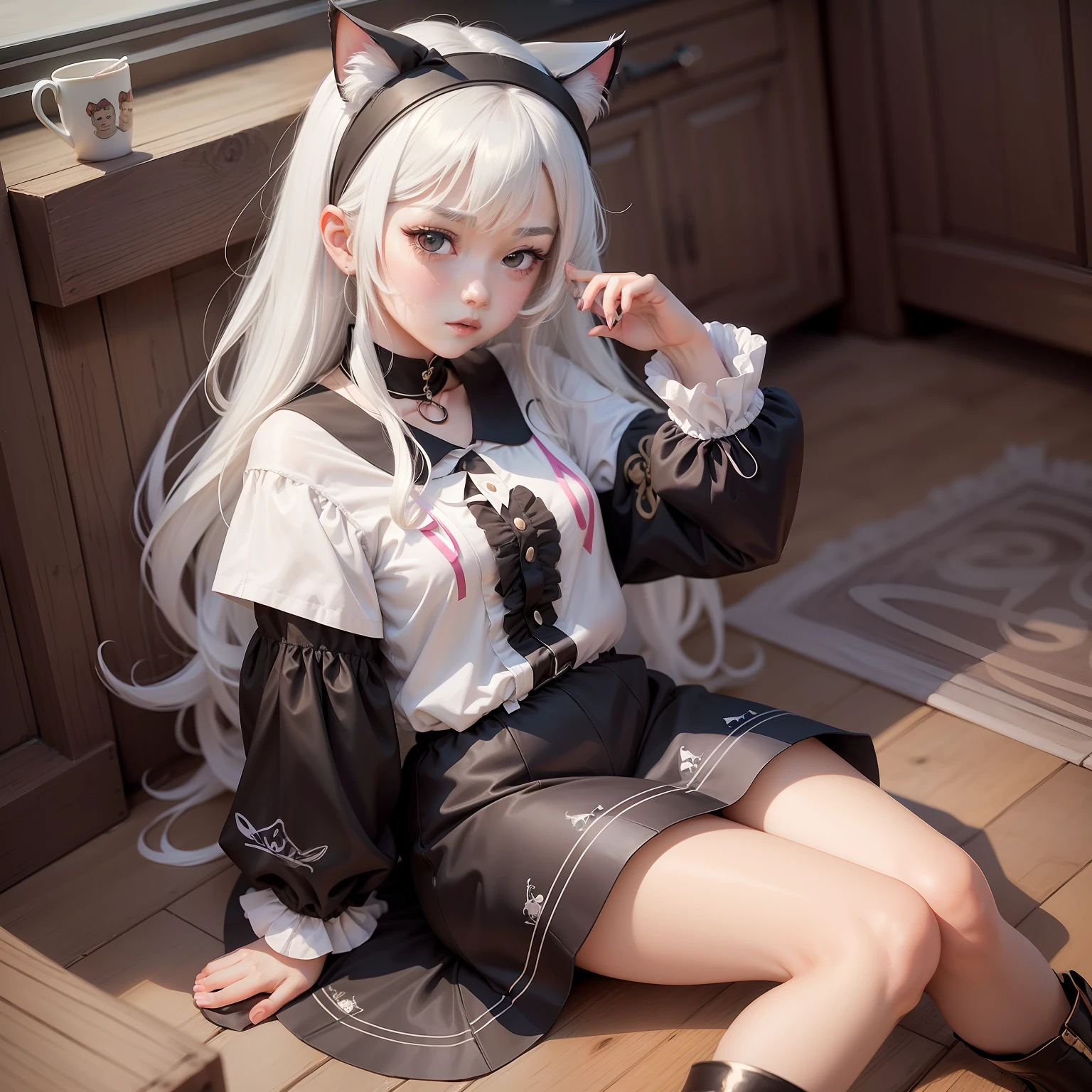 there is a woman sitting on the floor with a cat headband, ruan cute vtuber, ulzzang, low quality photo, very very low quality picture, male ulzzang, low quality video, dang my linh, e - girl, e-girl, low quality photograph, style anime, as an anime character, anime style, her hair is white