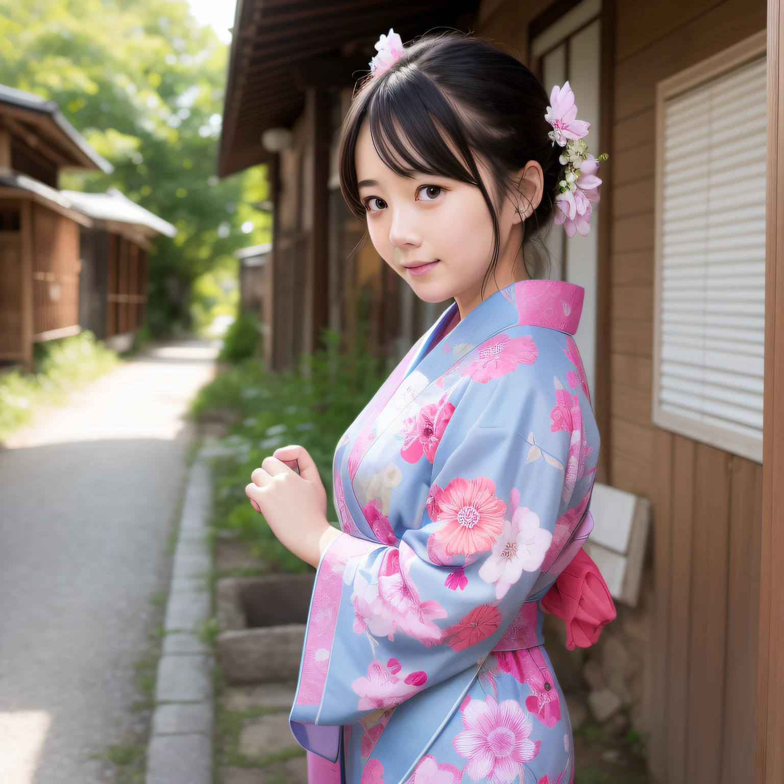 Neat and clean woman in yukata、There is a village frame pure