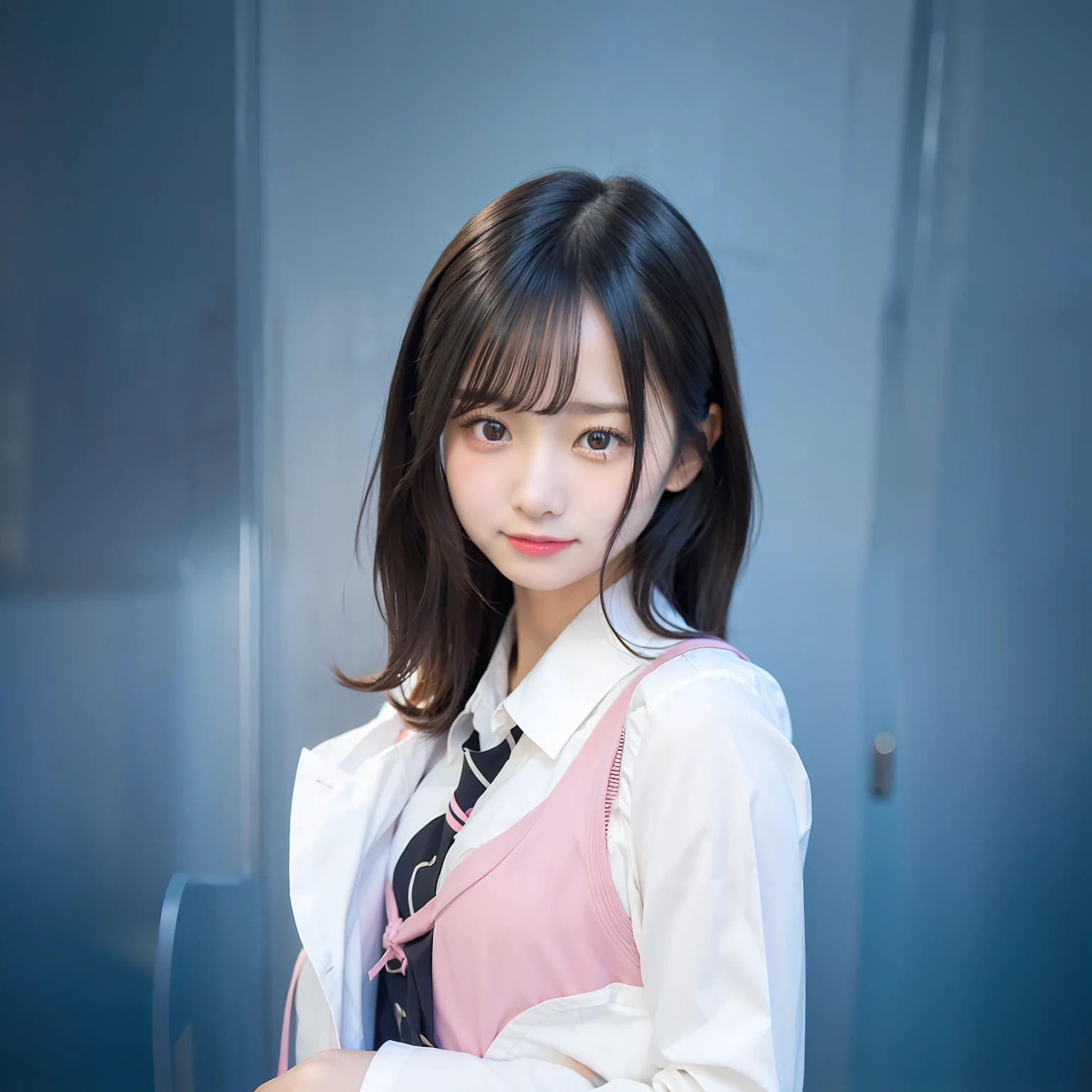 1girl, very beautiful face, black hair, pink school uniform, 70mm lens